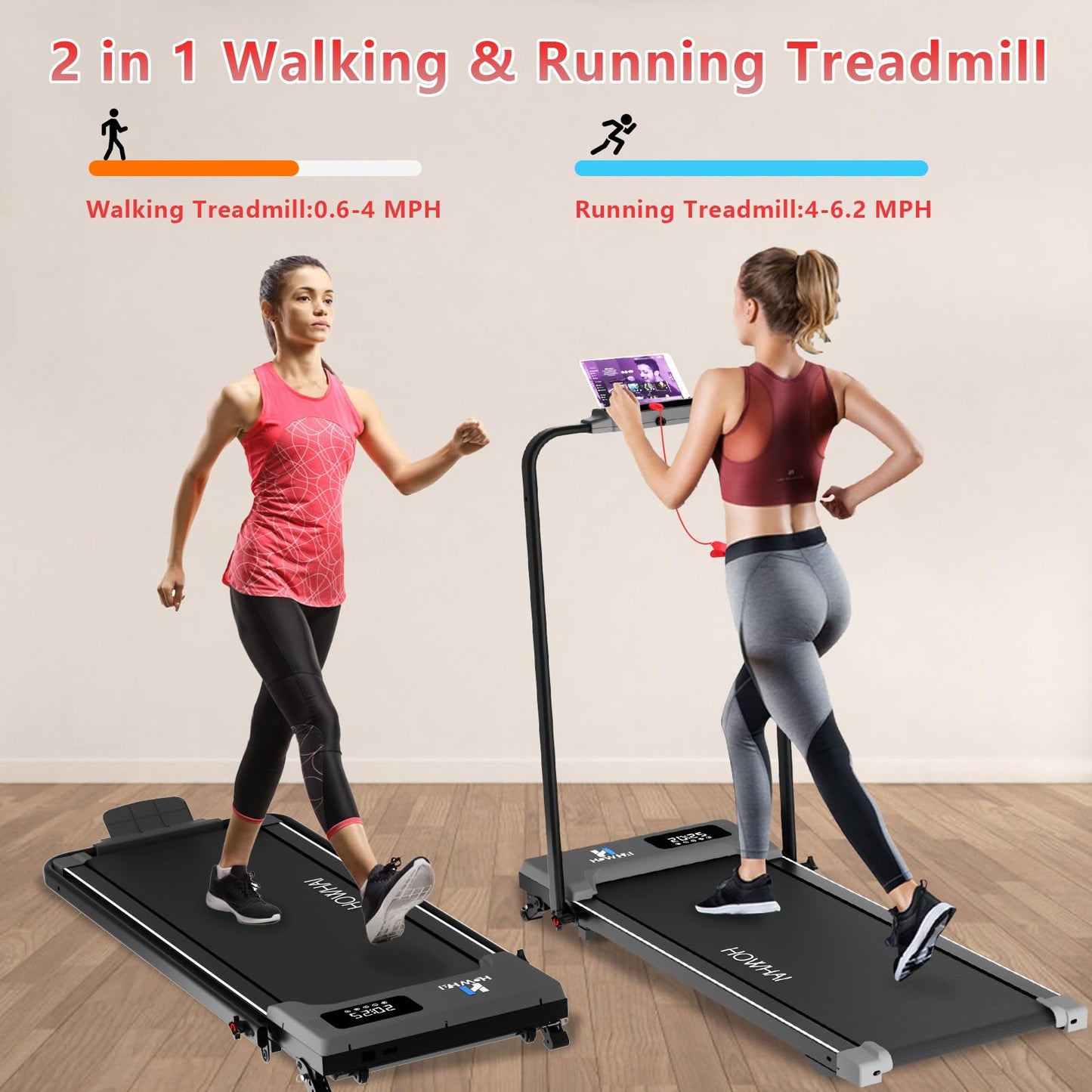 HOWHAI Walking Pad, Treadmill with Incline, Brushless 2 in 1 Foldable Under Desk Portable Treadmills for Home/Office with App, Bluetooth Music, Remote Control & LED Display (300lbs Capacity)