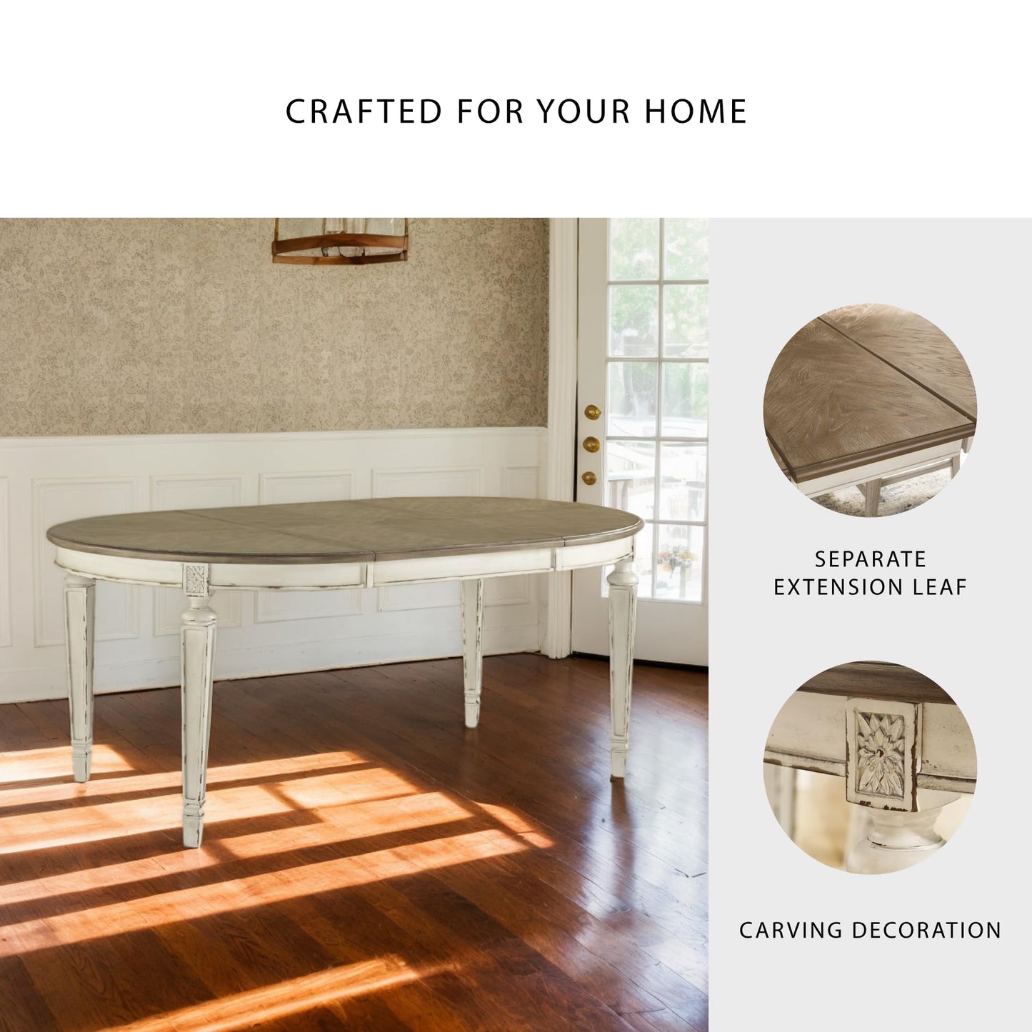 Signature Design by Ashley Realyn Oval Dining Room Extension Table, Seats 6, Antiqued 2-tone Finish, Wood, Distressed White