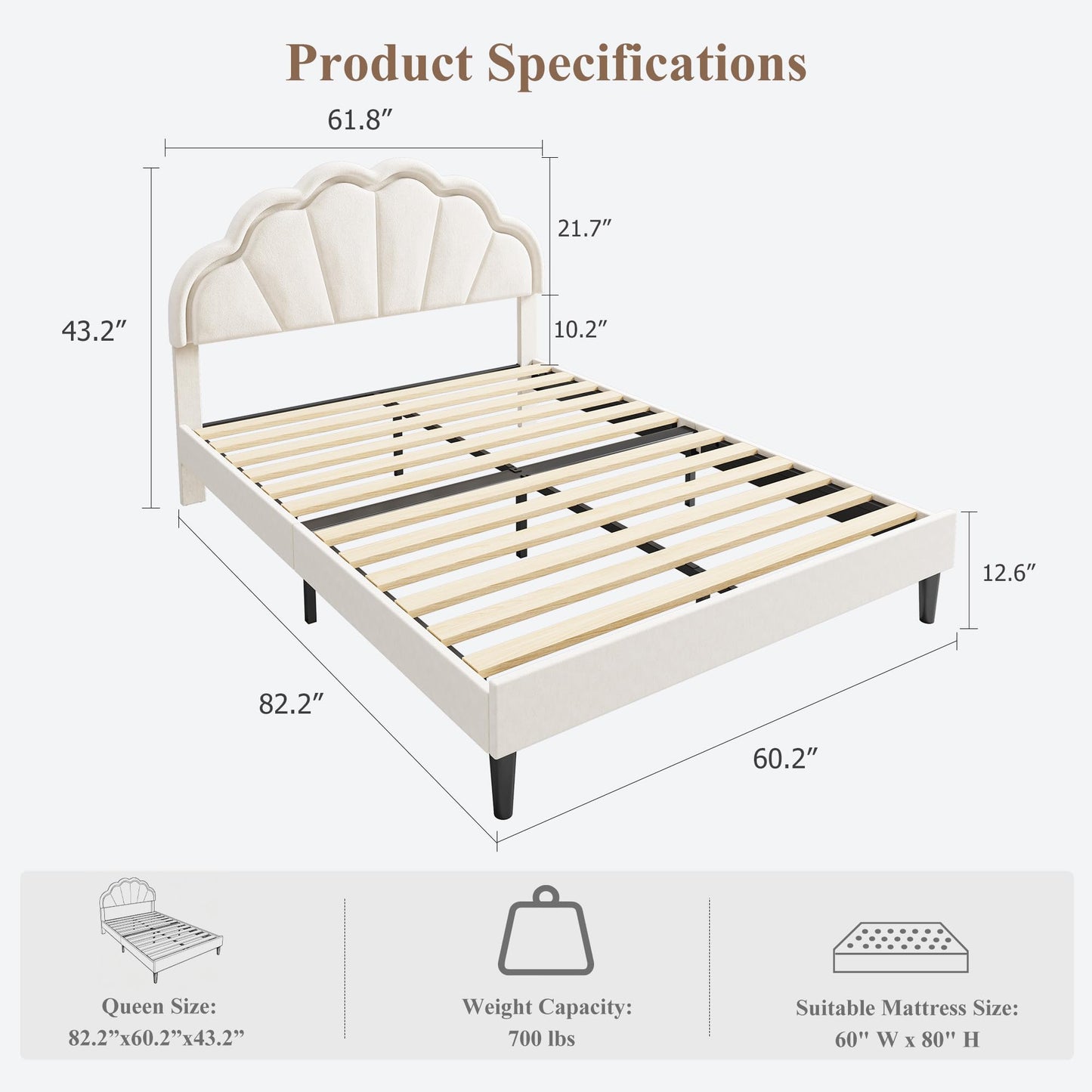 Garvee Queen Bed Frame, Velvet Platform Bed Frame with Adjustable Seashell Headboard and LED Light, Under Bed Storage, No Box Spring Needed, White