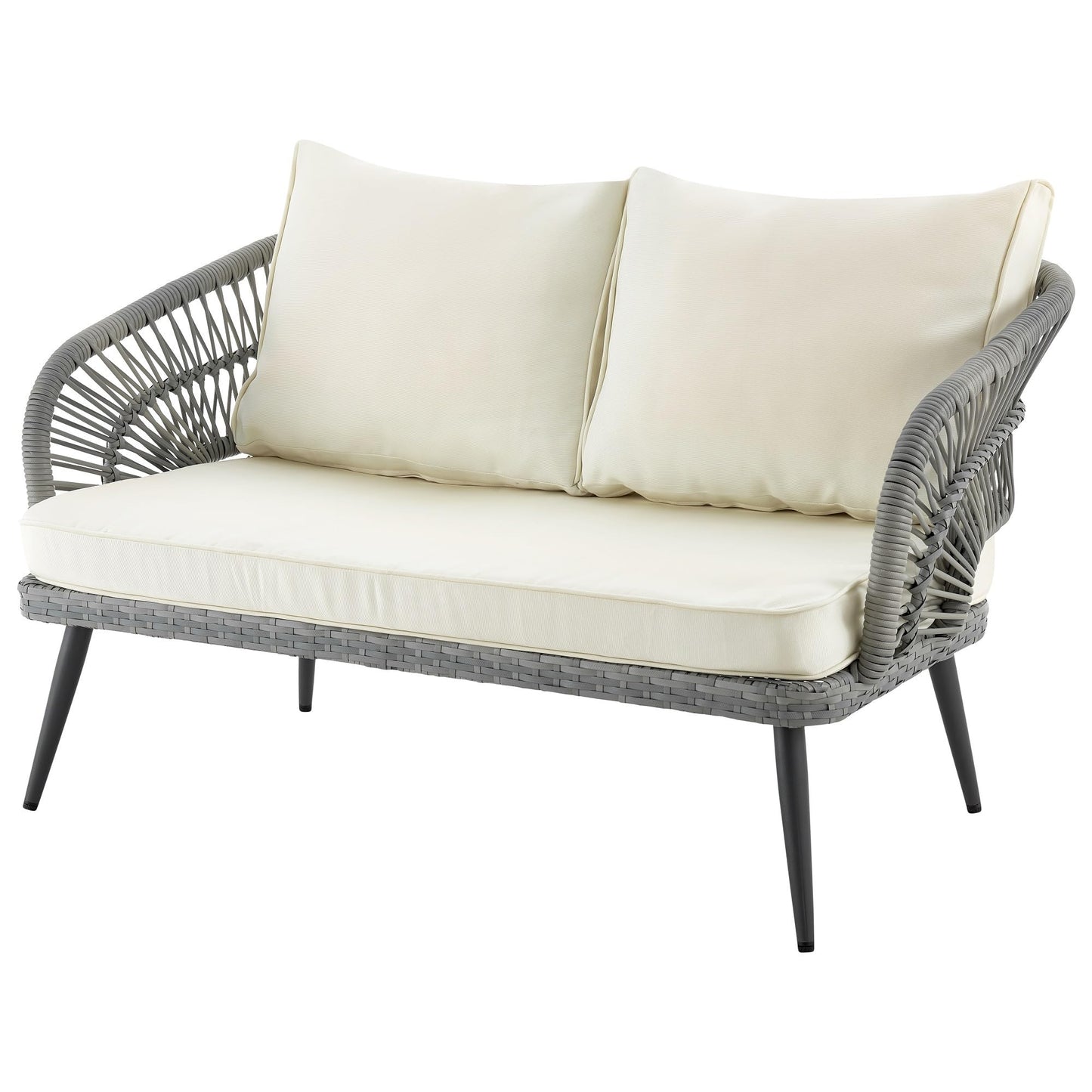 Manhattan Comfort Riviera Rope Wicker 4-Piece 4 Seater Patio Conversation Set with Cushions, Cream