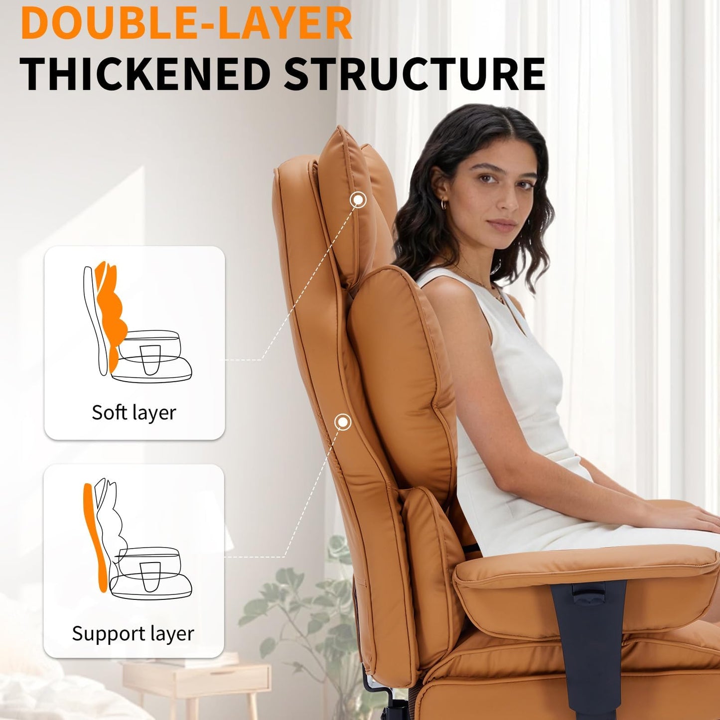 Big and Tall Office Chair, 400lbs Executive Leather Office Chair with Footrest, Ergonomic Gaming Chair for Adults, High Back Desk Chair with Lumbar Support, Wide Seat, 150 Degree Reclining, Brown