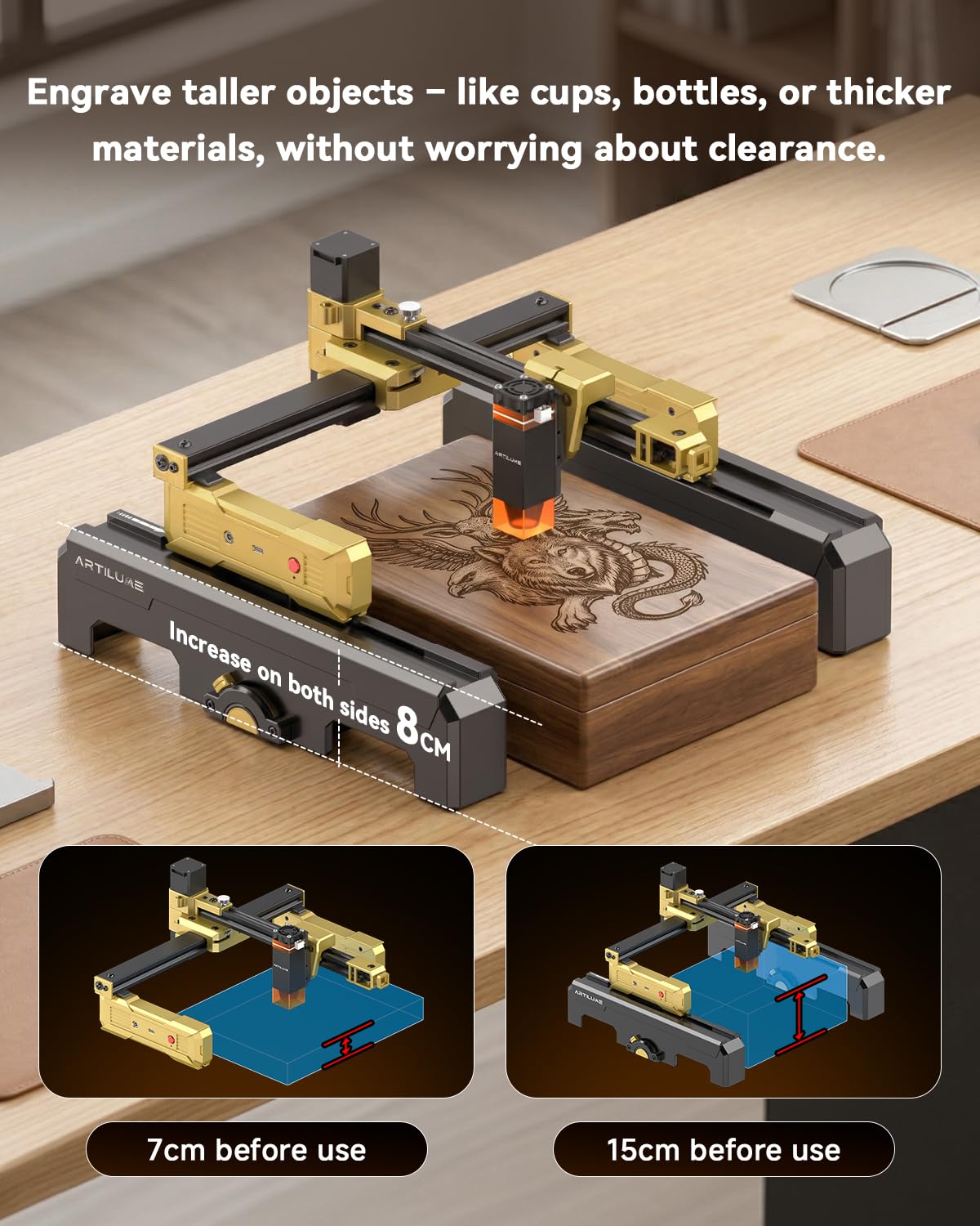 Artilume Laser Engraver Portable Cutter Machine APP-Control Riser & Protective Casing for Small Business 200x150mm Working Area for Wood Leather Acrylic Coated Metal–DIY & Crafting T1-7W