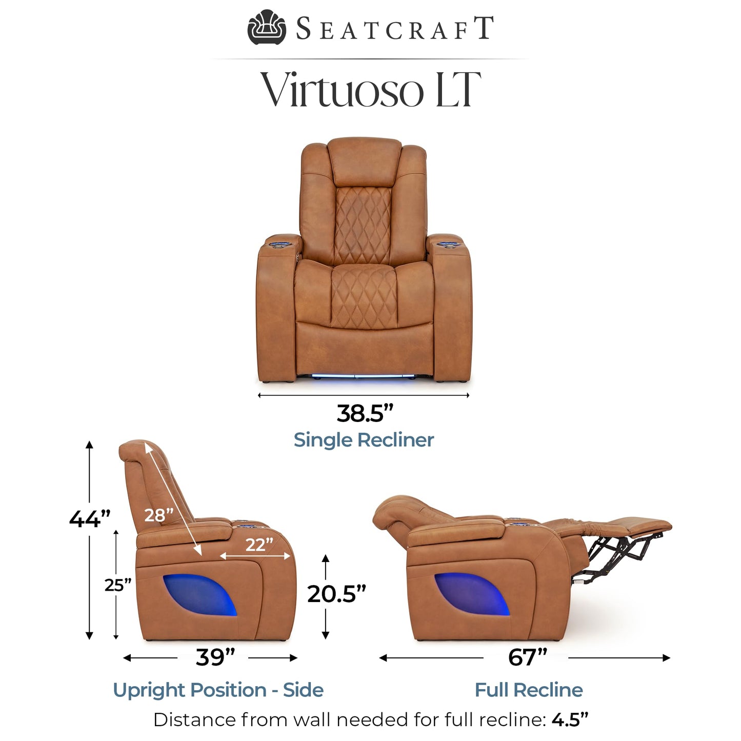 Seatcraft Virtuoso LT Zero-Gravity HeatZero Italian Leather Home Theater Seating, Heat & Massage, Power Headrest, Power Recline, Single Recliner, Tawny