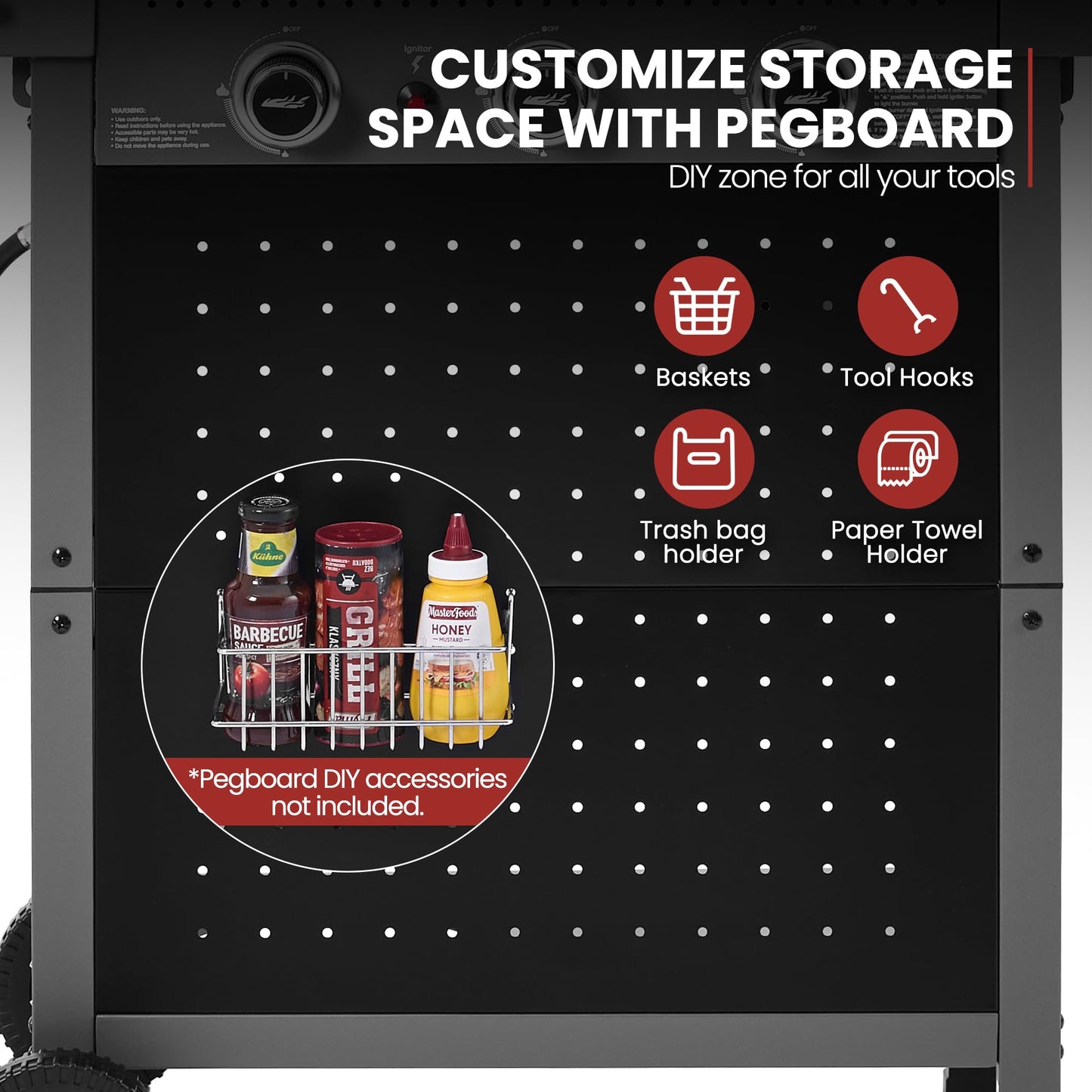 Royal Gourmet GL3001 3-Burner Gas Grill with Pegboard, 420 Sq. In. Cooking Area, 19,500 BTU, Foldable Side Shelves with Hooks, Two Large Wheels, Ideal for Backyard and Patio, Black & Cool Gray