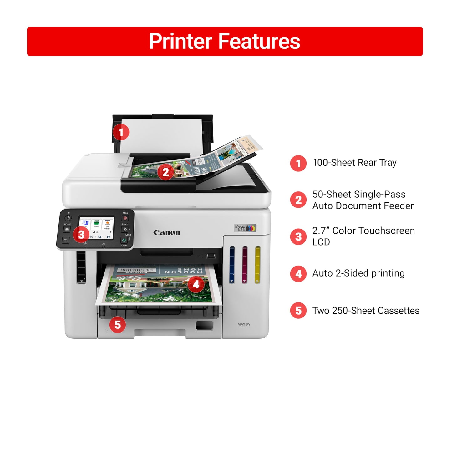 Canon Megatank GX7120 Wireless All-in-One Printer, Print, Copy, Scan and Fax with 2.7" LCD Touch Screen and Auto Document Feeder, White