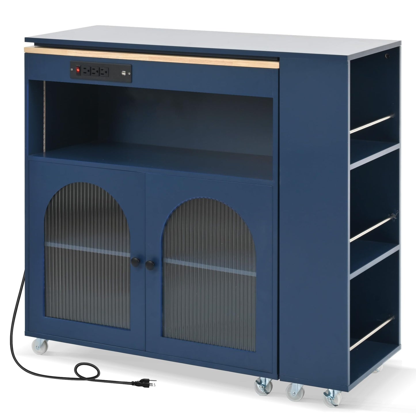 KTATK Rolling Kitchen Island with Extended LED Lights and Table,Storage Cart on Wheels W/Power Outlets & 2 Fluted Glass Doors,A Compartment,Side 3 Open Shelves,for Home Dining Room,Navy