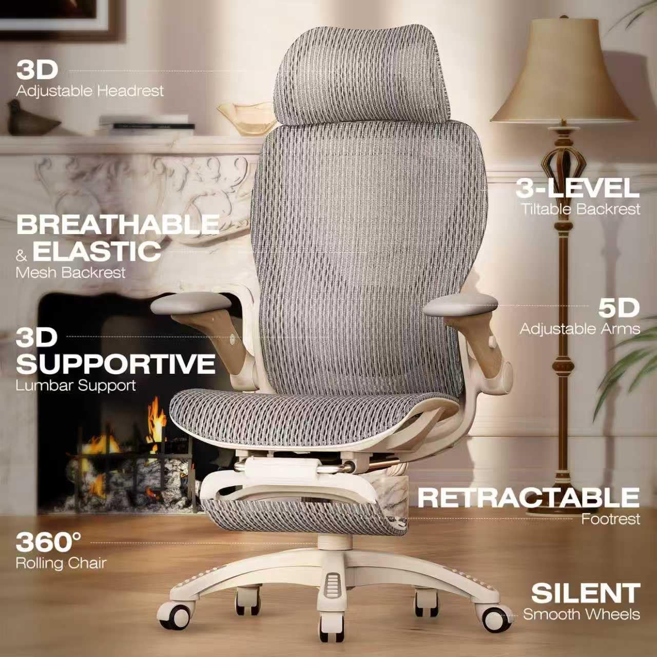 ELABEST X100 Ergonomic Office Chair with Footrest, Big and Tall Home Desk Chair with 5D Flip-Up Arms, Adjustable 3D Lumbar Support,High Back Rolling Computer Chair, Swivel Mesh Chairs (Foggy Morning)