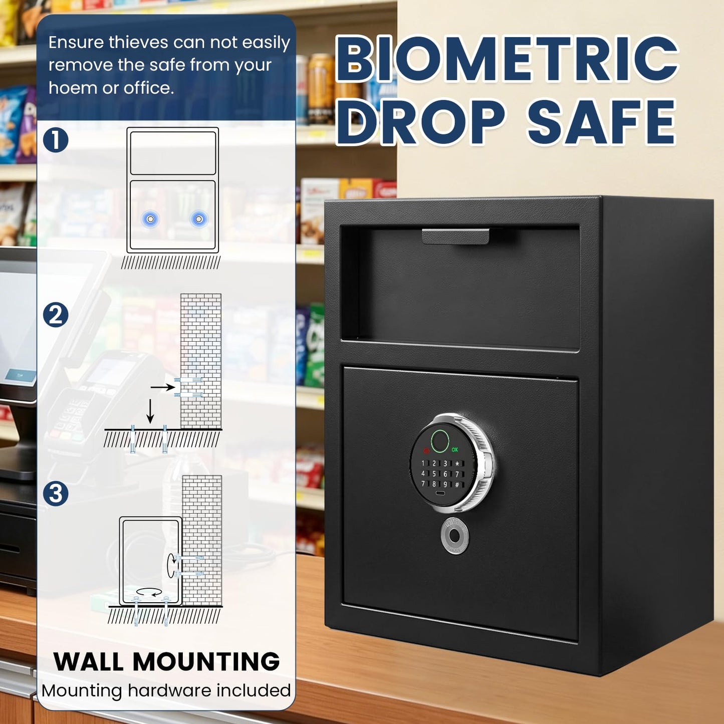 2.6 Cuft Biometric Drop Safe for Business, Anti-Theft Fingerprint Safe Box with Quick Place Drop Slot, Digital Keypad and Spare Key, Depository Safe for Home Office Retail Store Business Mail Church