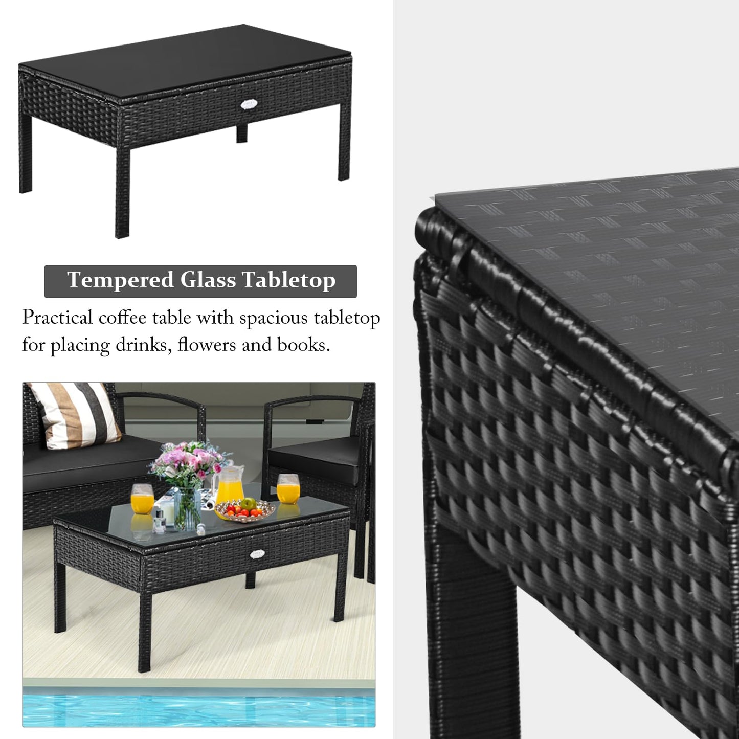 Tangkula 4 Pieces Wicker Patio Conversation Furniture Set, Outdoor Rattan Chair and Table Set, Patio Furniture Sets with Coffee Table & Washable Cushions for Courtyard Balcony Garden