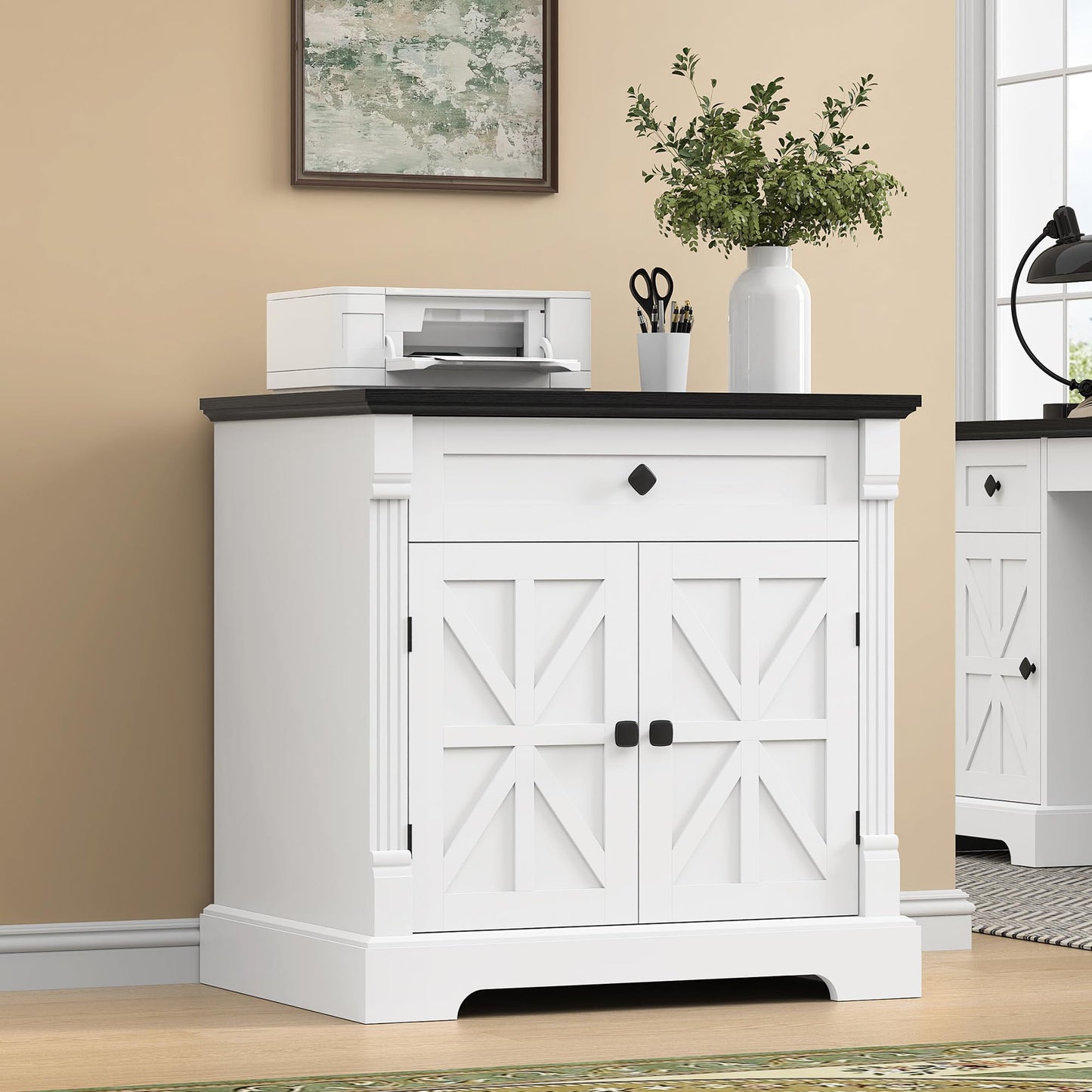 Bigbiglife 29.9" Large Printer Stand, Home Office Printer Cabinet with Drawer & Barn Doors, Wood Accent Cabinet Nightstand End Table for Living Room Bedroom, Black Top & White Finish