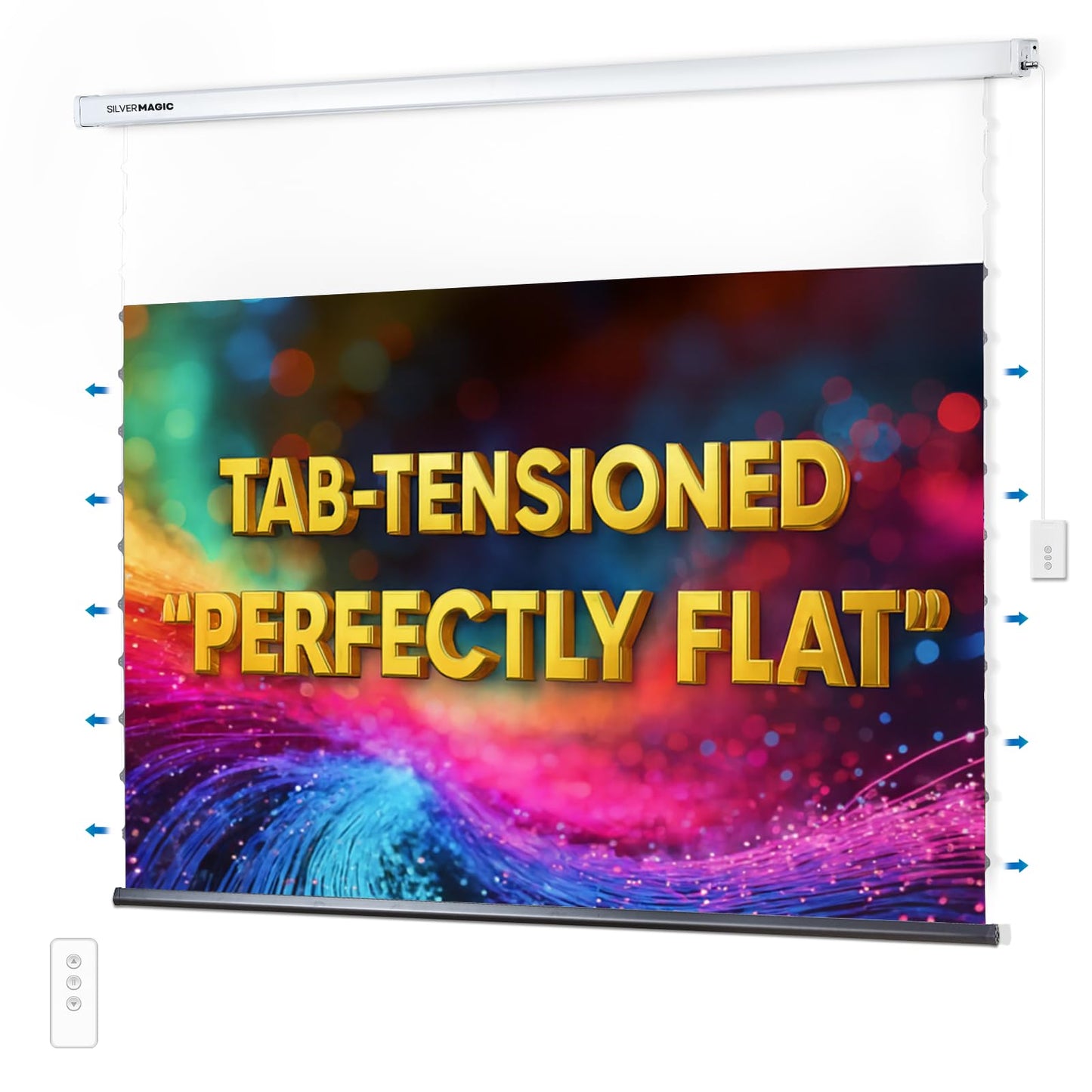 ALR Tensioned Motorized Projector Screen by SilverMagic - Tab Tensioned and Modern Design Gray Screen with White Aluminum case for Home Theater/Living Room/Patio/Office/Classroom - 100 inch 16:9