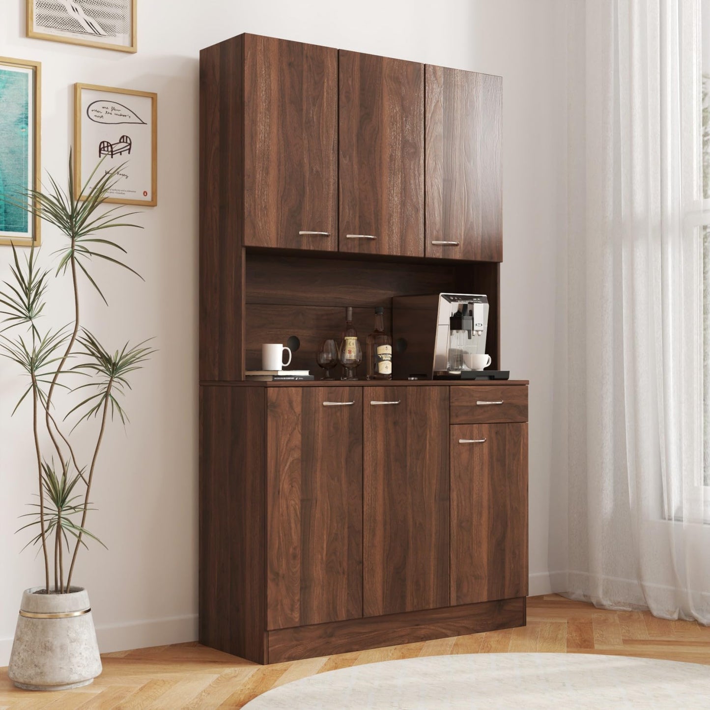 KEIKI 70.87" Tall Kitchen Pantry Storage Cabinet with Countertop, 6-Doors, 1 Drawers, Microwave Stand and Shelves, Freestanding Wood Hutch Food Pantries Cupboard for Coffee Bar, Dining Room