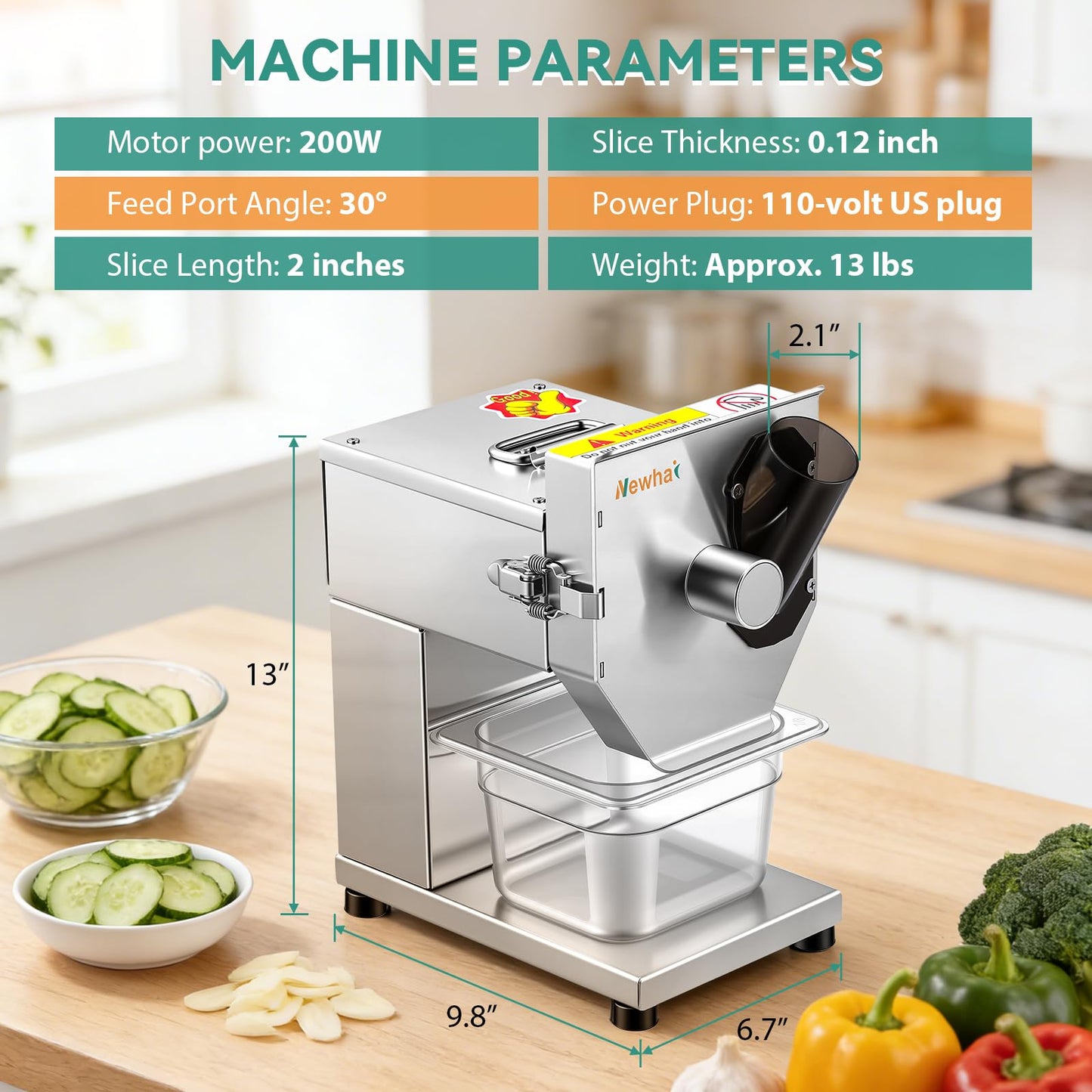 Newhai Commercial 3mm Sausage Garlic Slicer, 200W Electric Ham Slicing Machine with Automatic Feed Stainless Steel Meat & Vegetable Cutter for Sausage, Carrot, Smoked Pork (3mm)