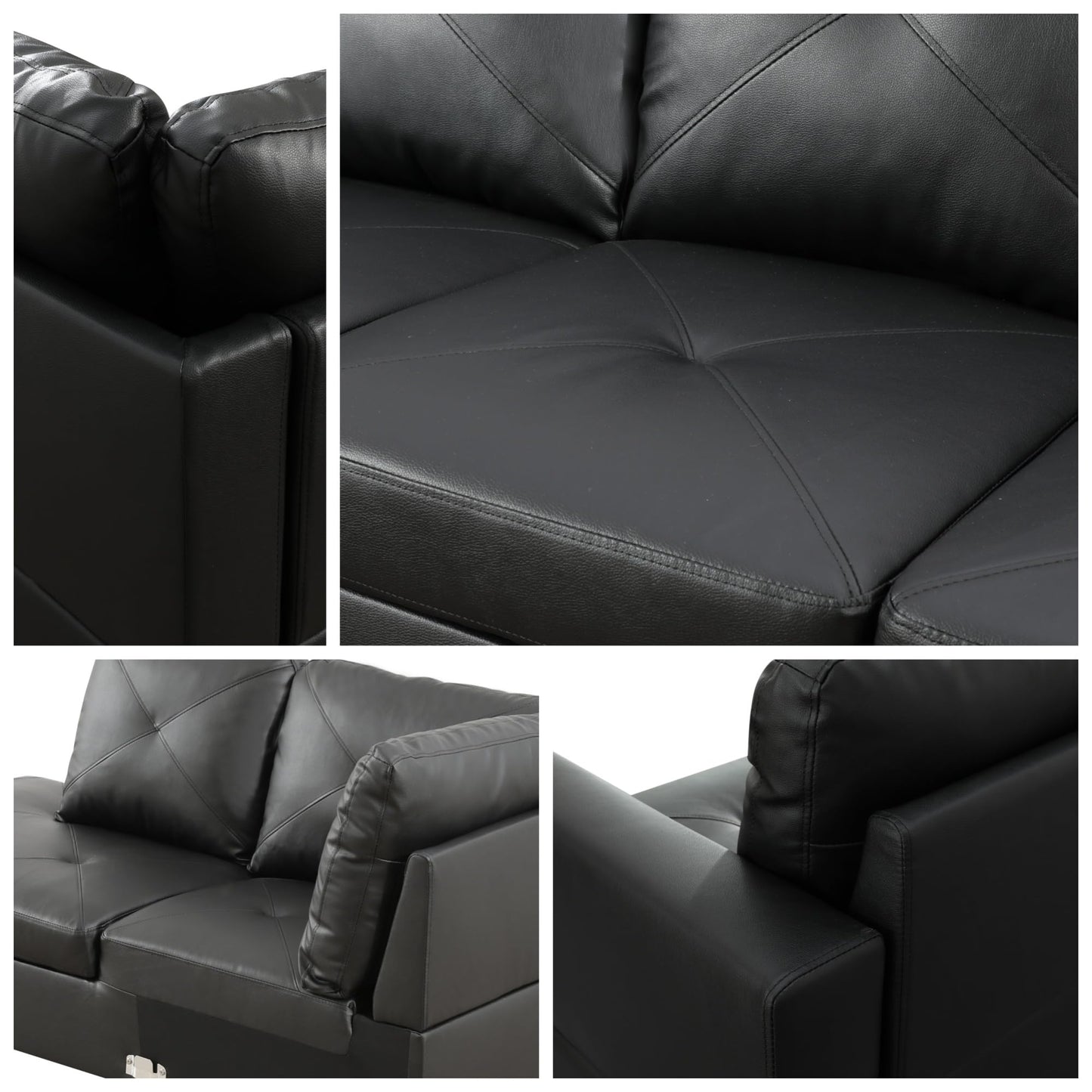 Trygoal L-Shaped Sectional Sofa with Movable Chaise & Storage Ottoman, Leather 3-Piece Modular Convertible Couches for Living Room, Apartment & Office, Dark Black
