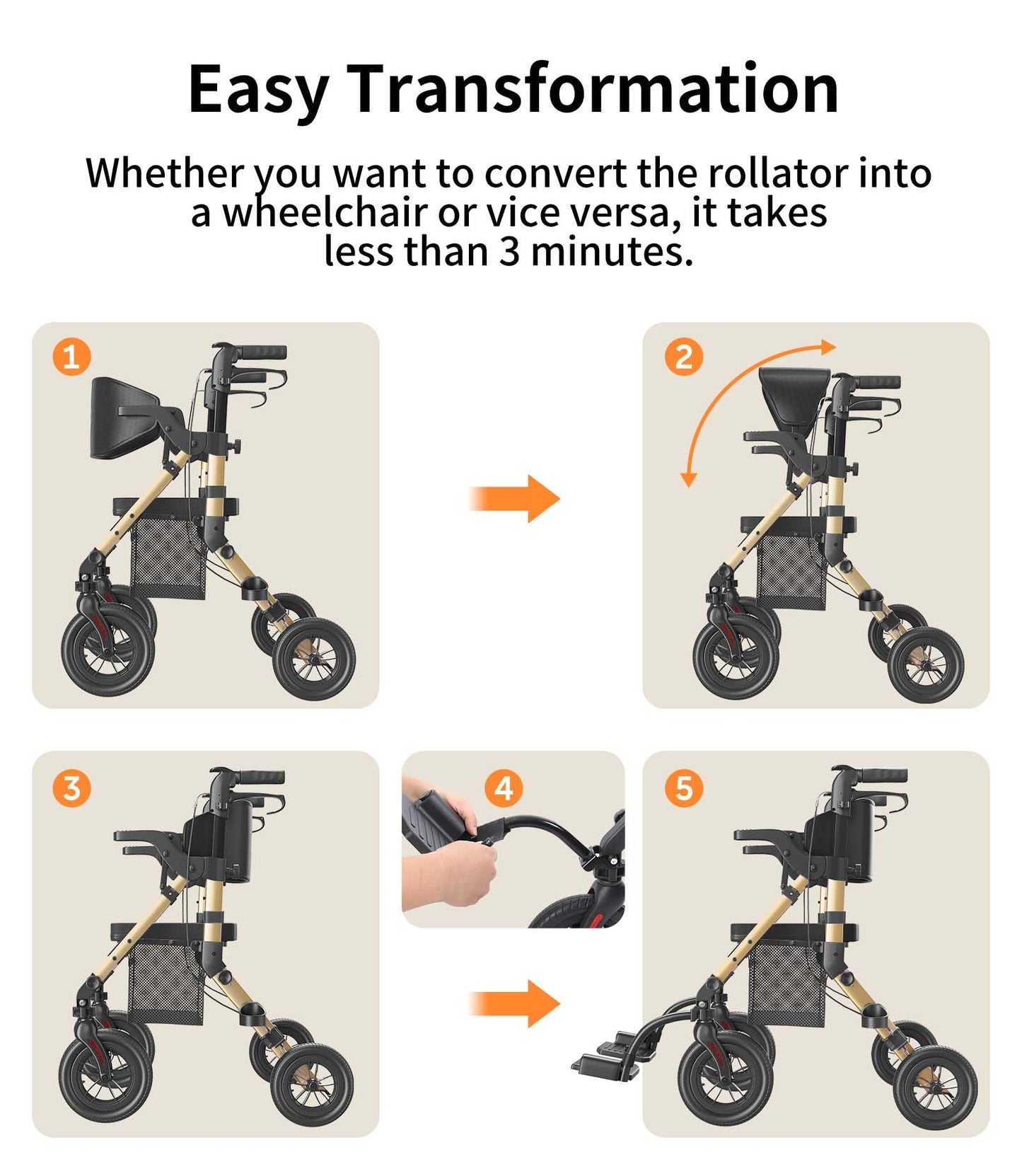 VOCIC Walkers-for-Seniors, Rollator-Walker-with-Seat, Transport-Wheelchair-Lightweight-Foldable, Adult Rolling Walker, Rollator Transport Chair with Brakes, 2 in 1 Walker Wheelchair Combo Z51