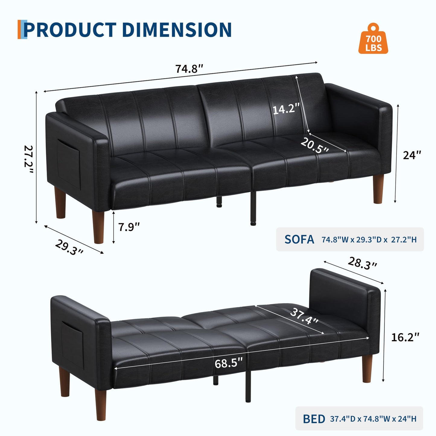 GarveeHome Futon Sofa Bed, 75-Inch Modern Faux Leather Convertible Couch, Mid-Century Loveseat for Small Space, Living Room, Bedroom, Black