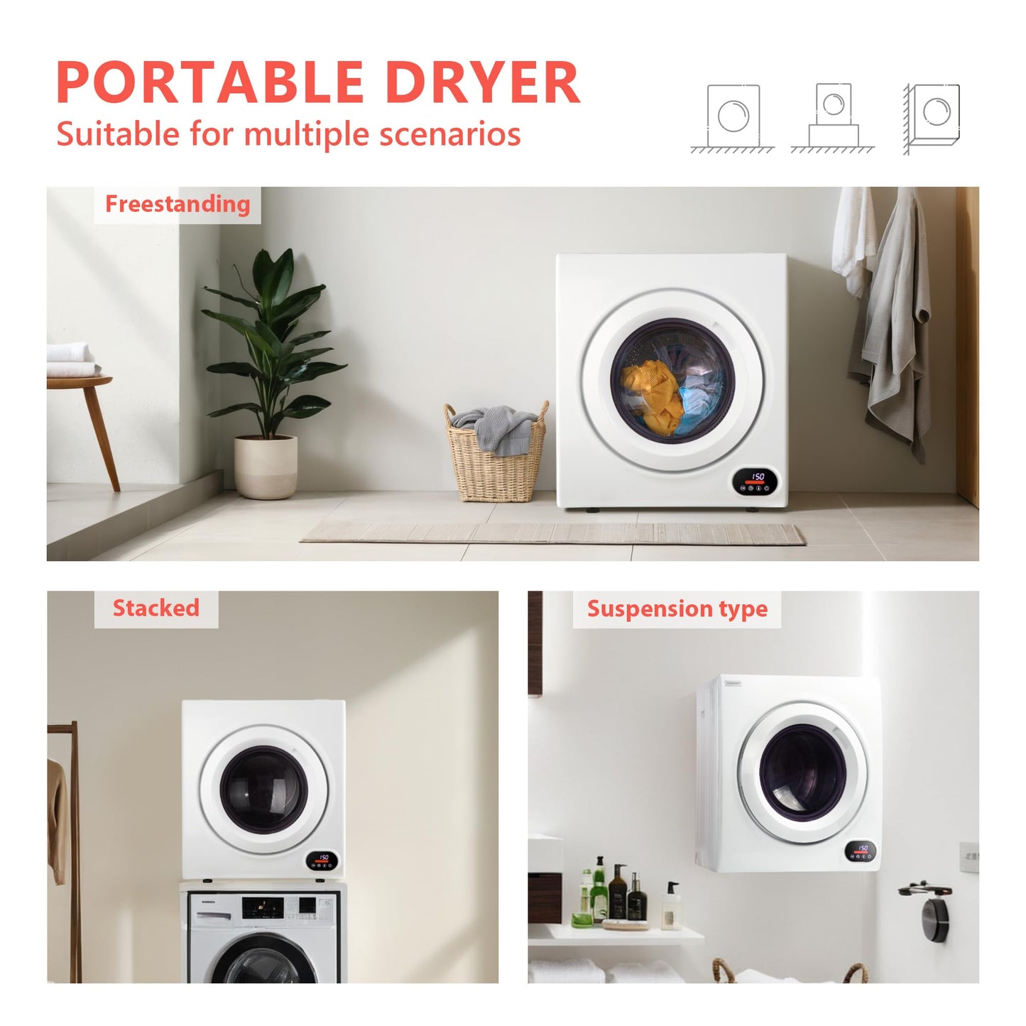 Euhomy Portable Dryer, 1400w, 2.65 Cu.Ft. Clothes Drying Machine with Exhaust Hose, Compact Dryer with Stainless Steel Drum, LCD Display, Suitable for Home, Apartment, RV