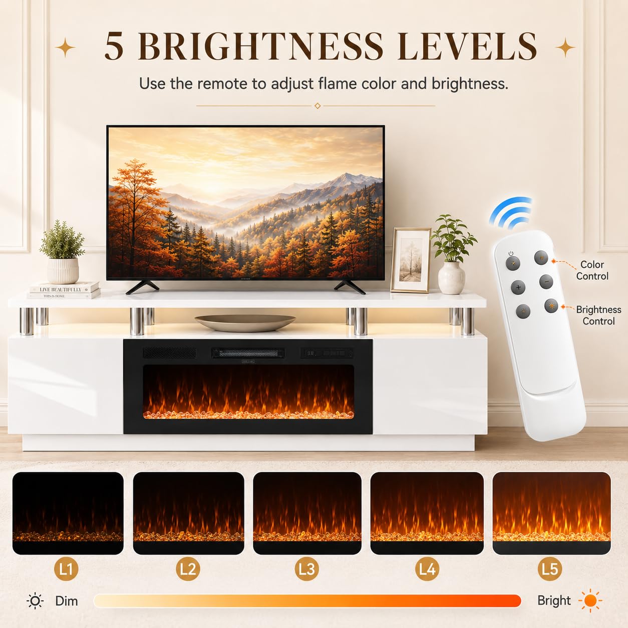 OneBlis 70" TV Stand & Entertainment Center, Media Console with Storage Shelves, Fits TVs up to 80", Modern Living Room Furniture, 36" Electric Fireplace (White+Black)