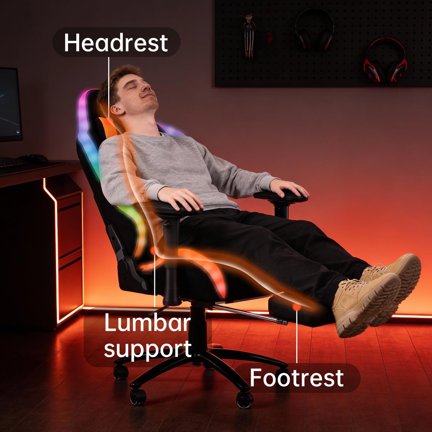 Frassie RGB Gaming Chair with Footrest and LED Lights, High Back Reclining Video Game Chair Ergonomic Computer Gamer Chair with Lumbar Support