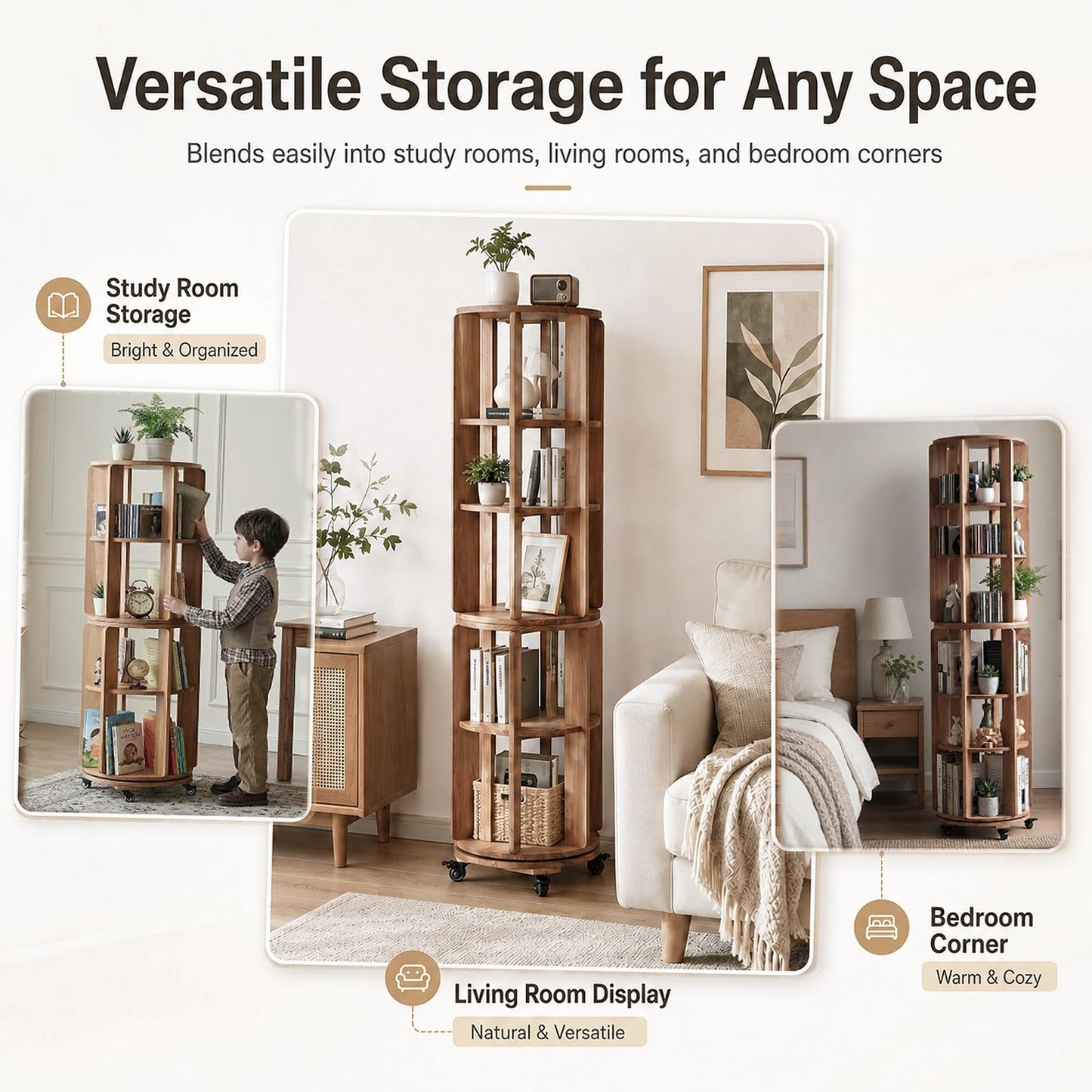 stianqhua Larger Solid Wood Rotating Bookshelf Tower with Casters (5-Tier)