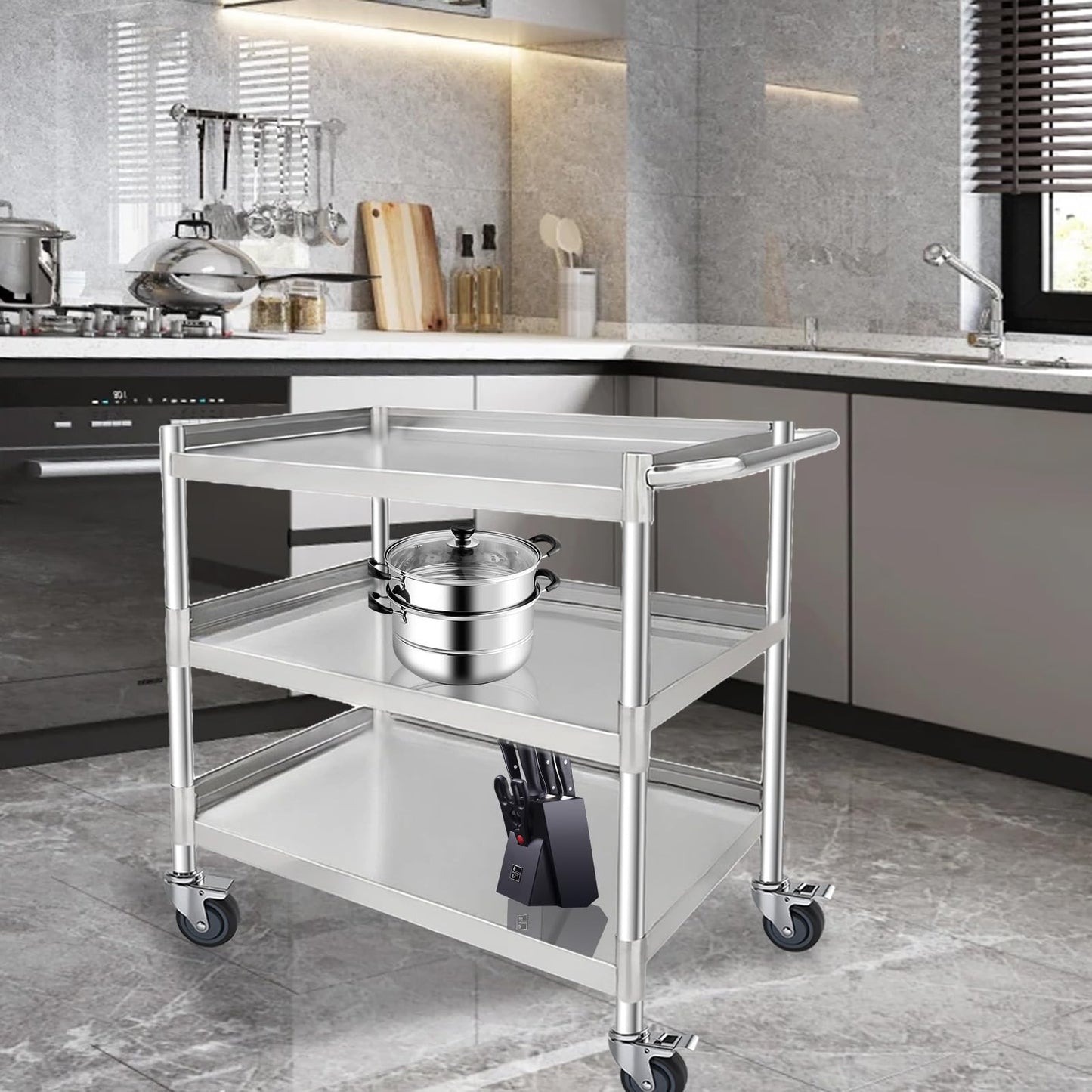 Hutioai 3-Shelf Stainless Steel Rolling Utility Cart - Heavy-Duty Metal Mobile Storage with Handle & Locking Wheels - Ideal for Kitchen, Medical, Lab, Restaurant & Home Use (16''x24''x34'')