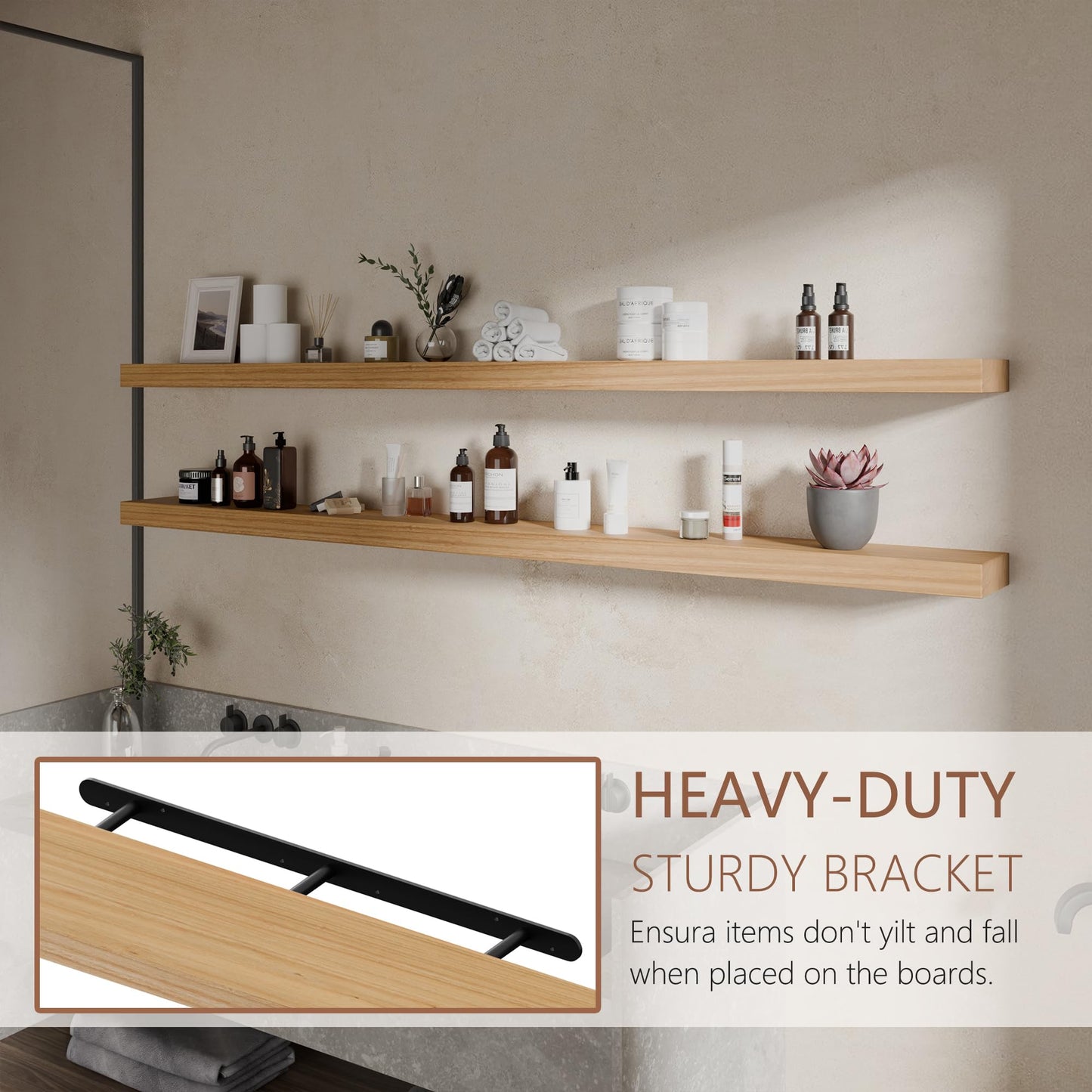 ONOTETUT 72 inch Long Floating Shelves for Wall,Solid Wood Long Wall Shelves Set of 2,Natural Wooden Mounted Shelf,Bookshelf Bathroom Shelves (Natural, 72 Inch)