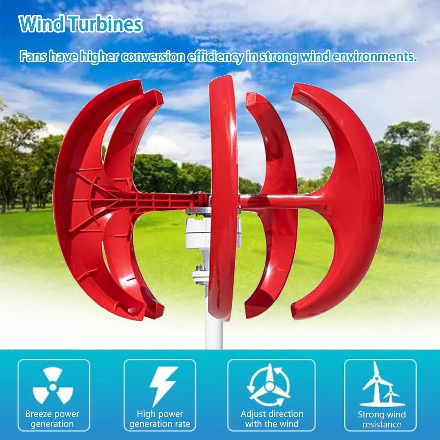 CLPYING 16000W Wind Turbines Generator,5 Blades 12V/24V/48V Vertical Axis Wind Turbines Generator Kit,3 Phase AC Permanent Magnet Generator Kit for Home Hybrids Streetlight Use(Red,48V)