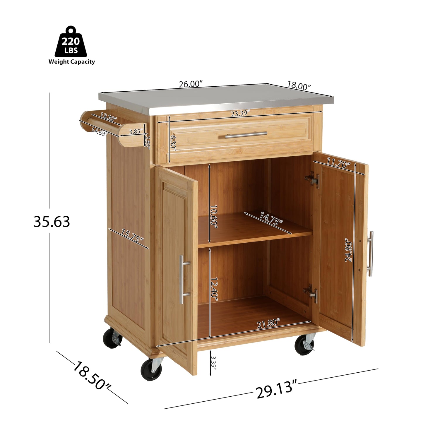 Merax Indoor Compact Bamboo Rolling Kitchen Cart with Stainless Steel Top – Mobile Storage Island with Drawer & Cabinet for Small Spaces