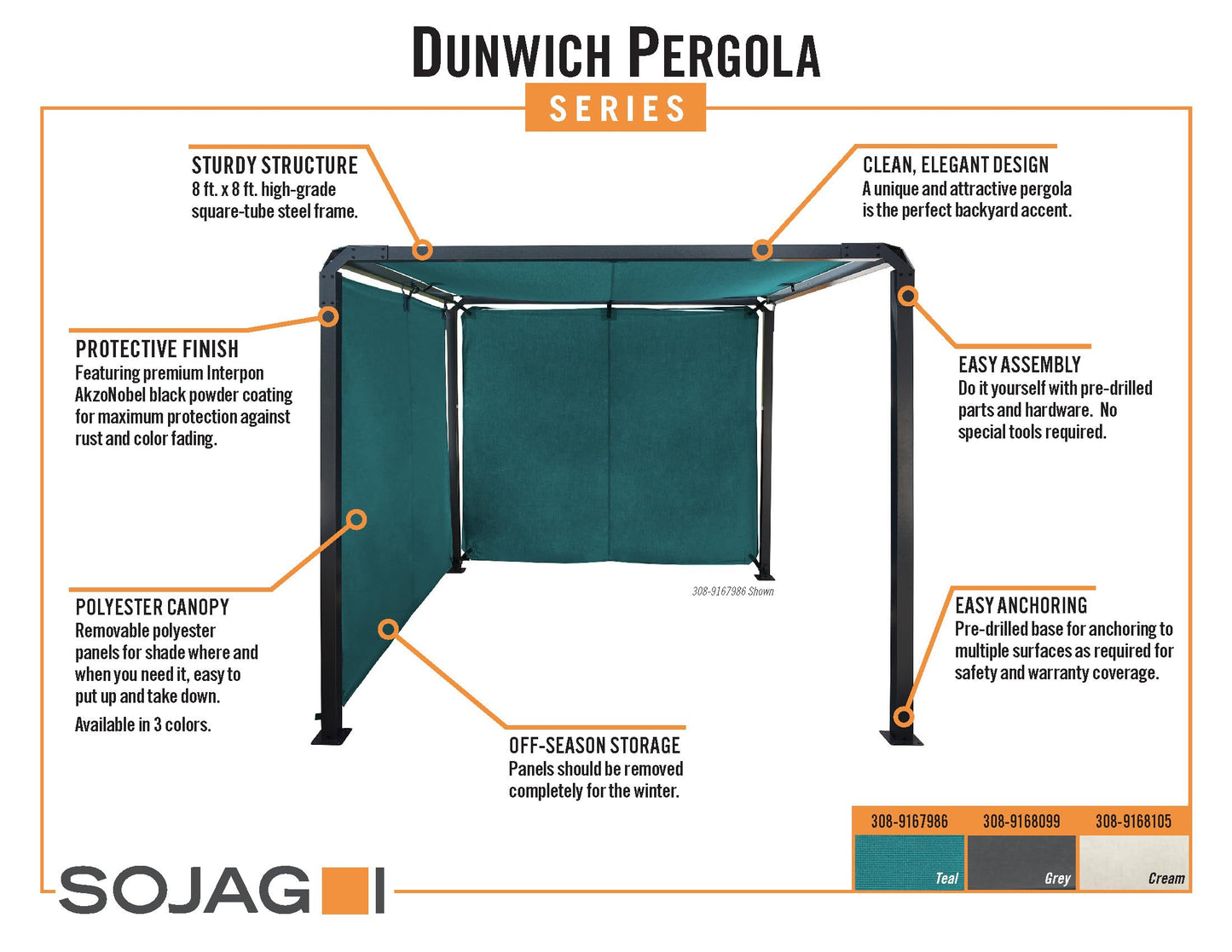 Sojag Outdoor 8' x 8' Dunwich Pergola Open Gazebo, Teal