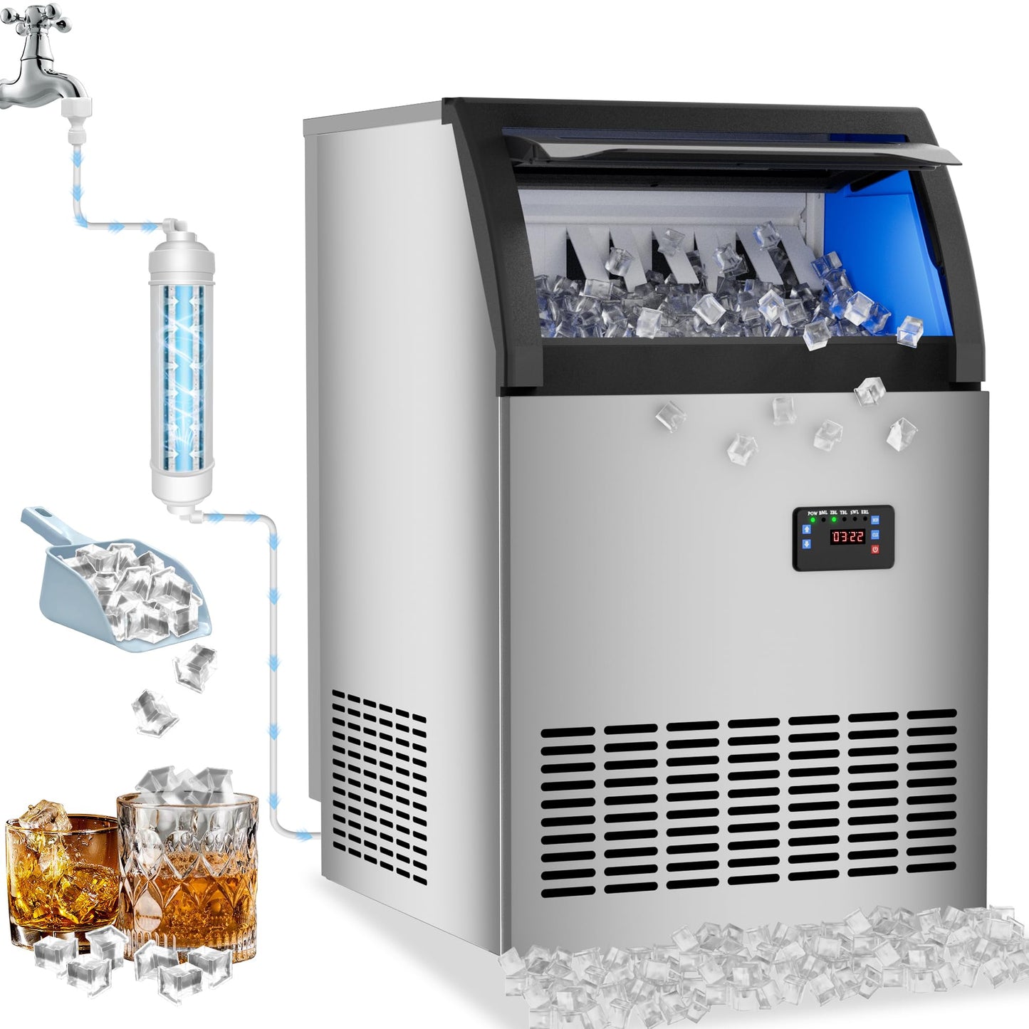 Commercial Ice Maker Machine 200lbs/24H,Stainless Steel Spray Drench Ice Maker 60lbs Storage,50pcs Hat Cubes Per Cycle,Freestanding Gourmet Ice Maker Self-Cleaning for Office, Restaurant, and Bar
