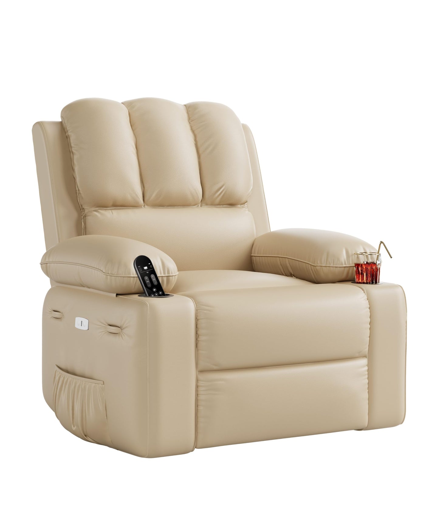EliteEdge Oversized 27" Electric Recliner Chair with Massage & Heat, PU Leather Swivel Rocker Recliner with Remote Control and Cup Holders, Lounge Chair for Living Room, Bedroom, Nursery, Beige