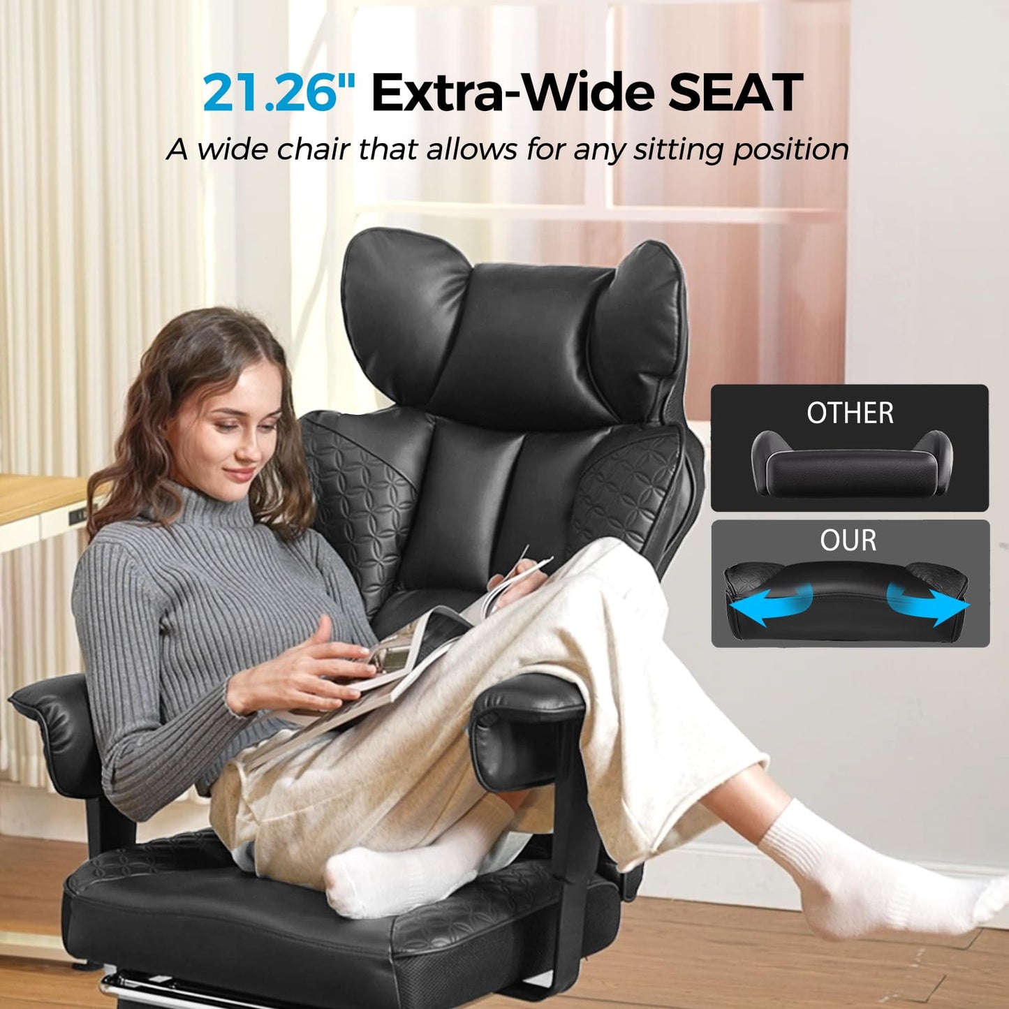 COMHOMA Big and Tall Office Chair Heavy Duty Wide Ergonomic Gaming Chair with Deluxe Embossing Designed Leather with Foot Rest,150°Reclining Adjustable Armrests Pocket Spring Back Support and Pillow