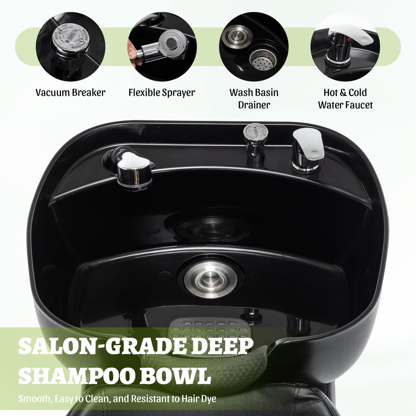 Shampoo Bowl and Chair Set for Salon, Hair Washing Backwash Shampoo Station Unit with ABS Sink & PU Leather Chair, Shampoo Bowl Sink Chair with Side Storage for Spa Barbershop Beauty, Black (Small)