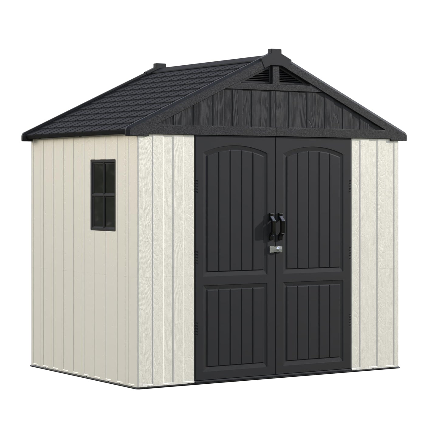 Greesum 8×6 FT Plastic Outdoor Storage Shed with Floor, Resin Sheds with Window and Lockable Door, Weather Resistant, Easy Assemble for Garden, Lawn, Pool Supplies, Beige