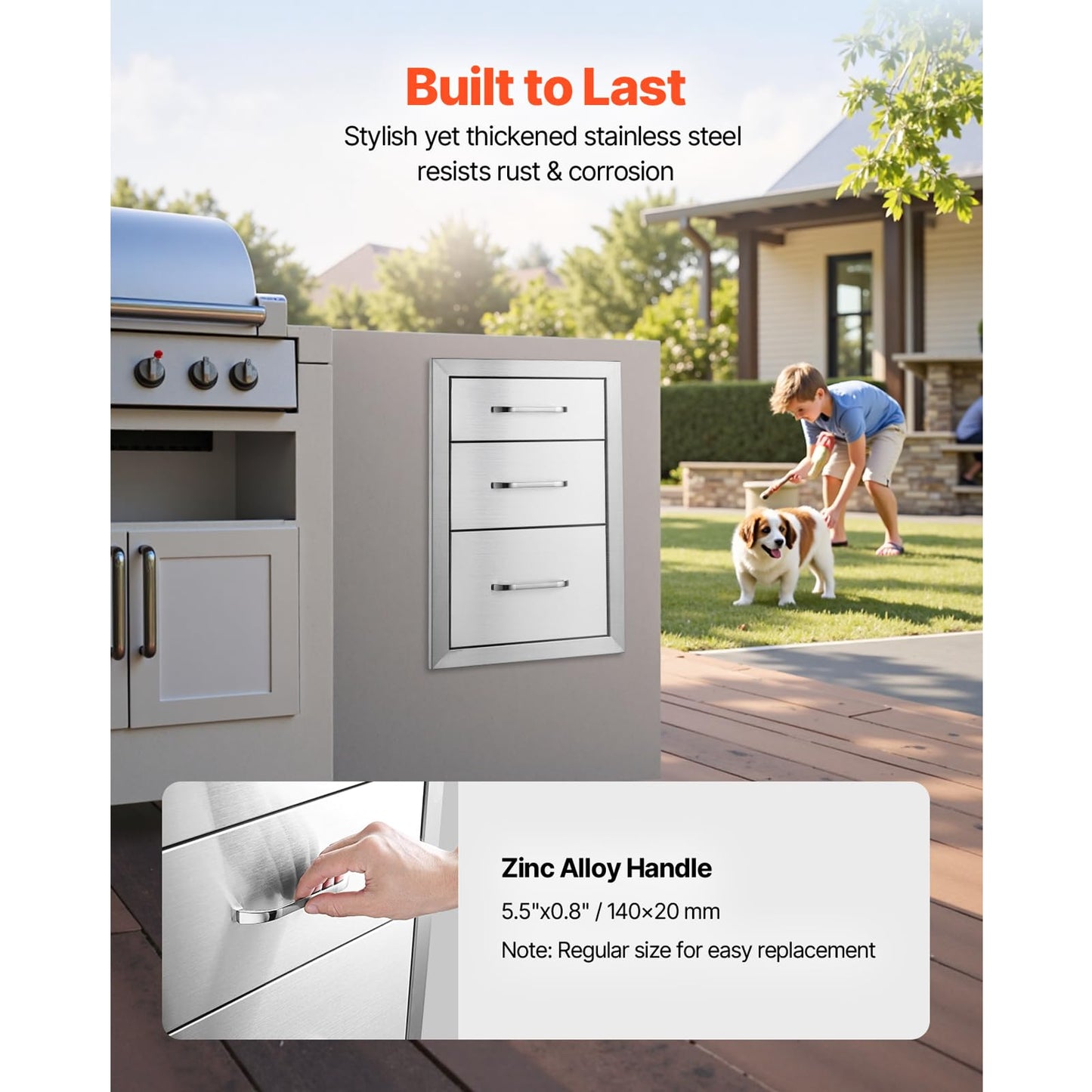 VEVOR 14x20.3 Inch Outdoor Kitchen Drawers Stainless Steel, Flush Mount Triple Drawers, 14W x 20.3H x 23D Inch, with Stainless Steel Handle, Outdoor Kitchens or BBQ Island