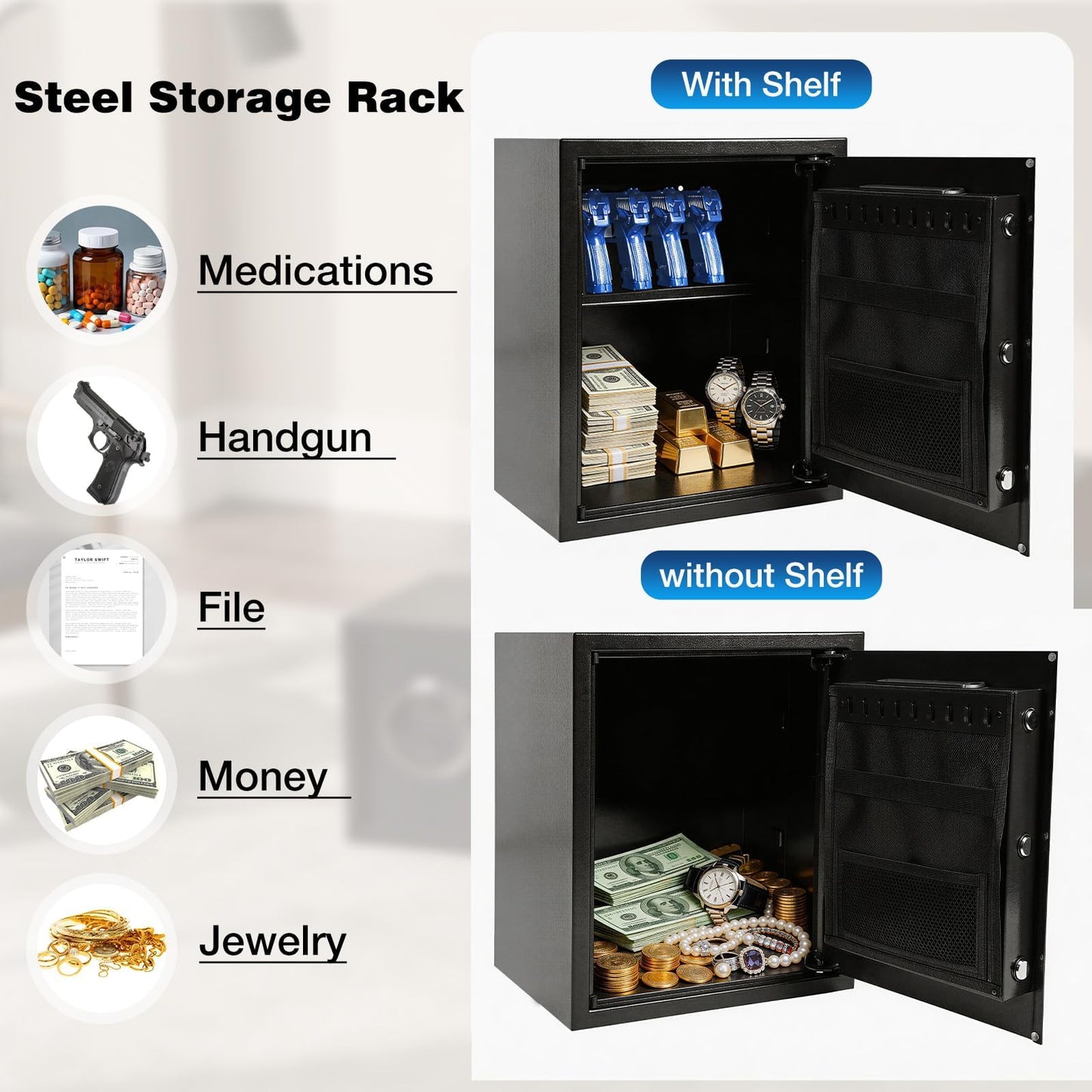 XDeer 1.7 Cu.Ft Smart Biometric Gun Safe with Fireproof Bag, Home Security Safe Box with Adjustable Racks,Quick-Access Fingerprint Safe,Small Safes for Home Money Medicines Jewelry Valuables 1PCS