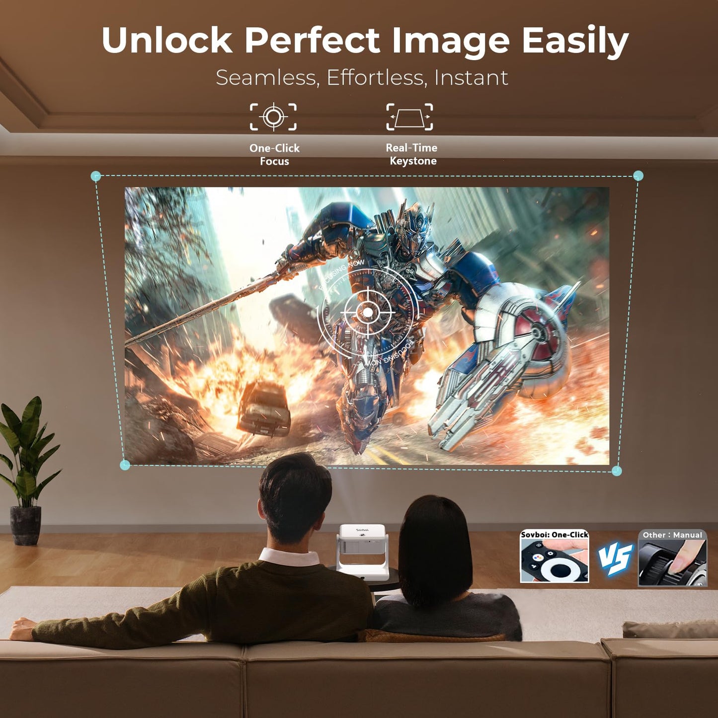 Outdoor-Projector-4K [Built-in Google TV/180°Rotatable Stand/Voice Control/E-Focus],Sovboi Smart-Movie-Projector with WiFi6 and Bluetooth, 2500 Brightness Portable-Proyector for 10,000+ Streaming Apps