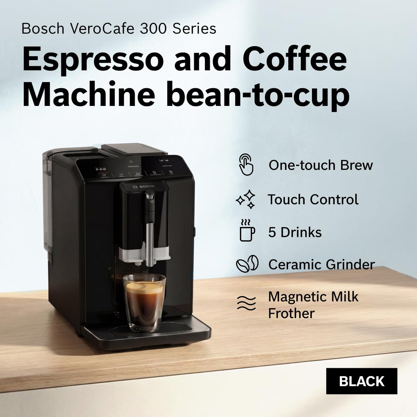 Bosch Fully Automatic Coffee and Espresso Machine - One-Touch Drinks, Barista Quality Super Coffee Maker - Touch Control Panel, Large Bean Capacity - Easy Clean, Maintenance - Black - TIU20109