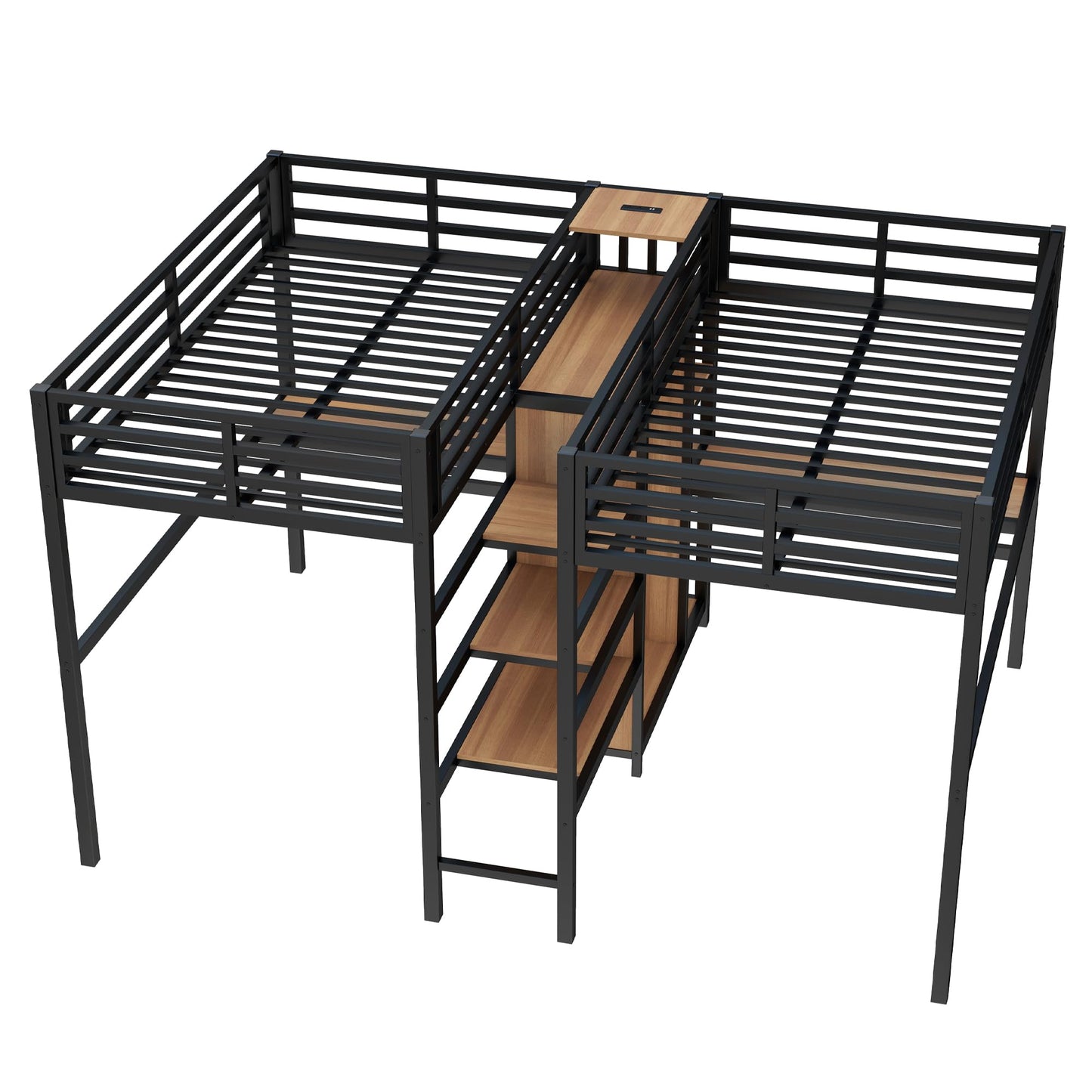 Bellemave Twin Over Twin Metal Loft Bed with Desk and Wardrobe for 2 Kids,Twin Size Heavy Duty Double Loft Bed Frame with Charging Station and Shelves for Boys,Girls,Adults,Woodgrain