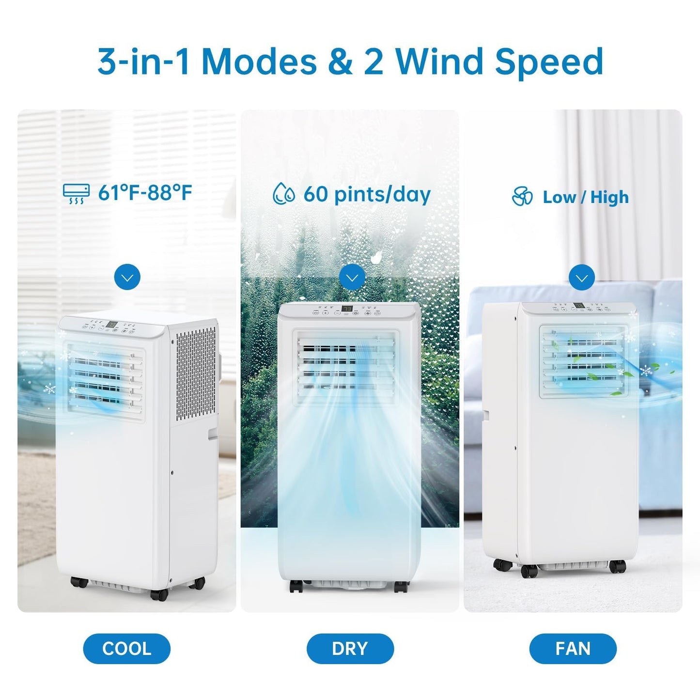 10000 BTU Portable Air Conditioners, 3 in 1 Cools 600 Sq.Ft, Quiet AC with Fan & Dehumidifier, LED Display, Remote & 24H Timer, for Bedroom/Dorms/Apartments, Window Kit Included