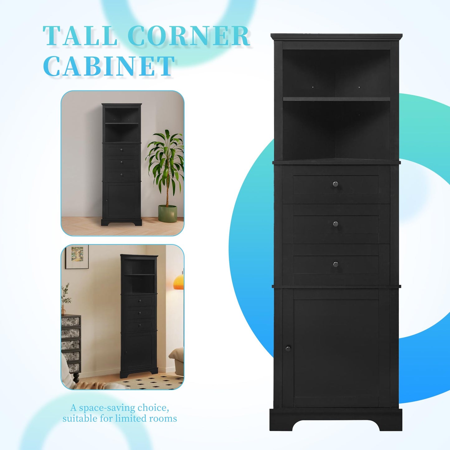 Storage Corner Cabinet with 3 Drawers and Door, Tall Line Pantry Home Space Saver for Bathroom, Living Room, Kitchen, Adjustable Shelf, Black