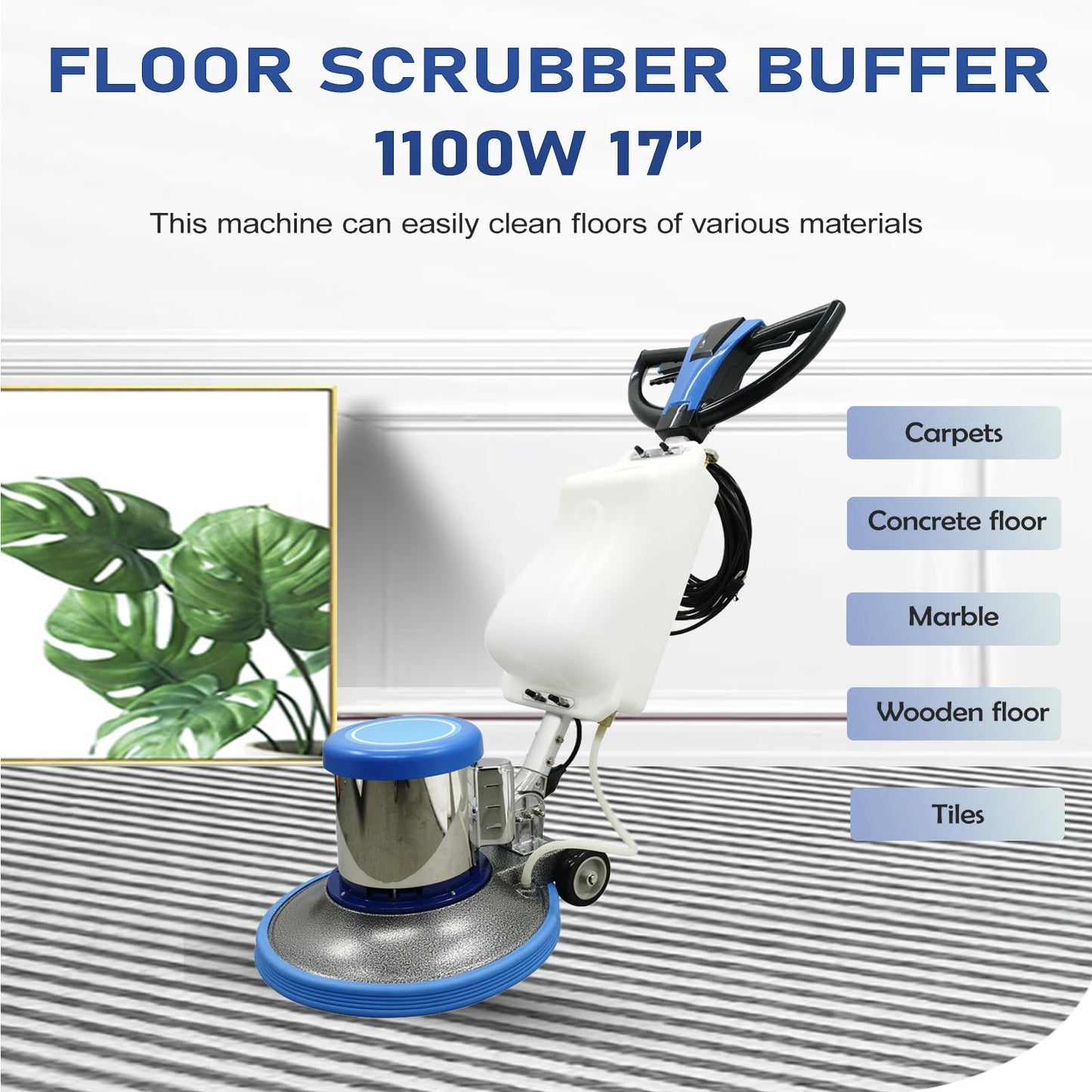 WYDDDARY 110V Floor Polisher Commercial Floor Scrubber Machine 17" Cleaning Path Carpet Buffer Scrubber with 3.1gal Water Tank 175Rpm 1100W, for Marble/Cement/Epoxy/Rubber Floors/Wood