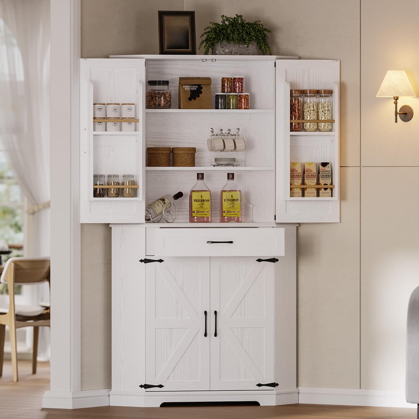 IRONCK 72" Corner Cabinet, Kitchen Pantry Storage Cabinet with Drawer, Spacious Farmhouse Pantry with 3 Adjustable Shelves, 2 Doors Storage, for Kitchen, White