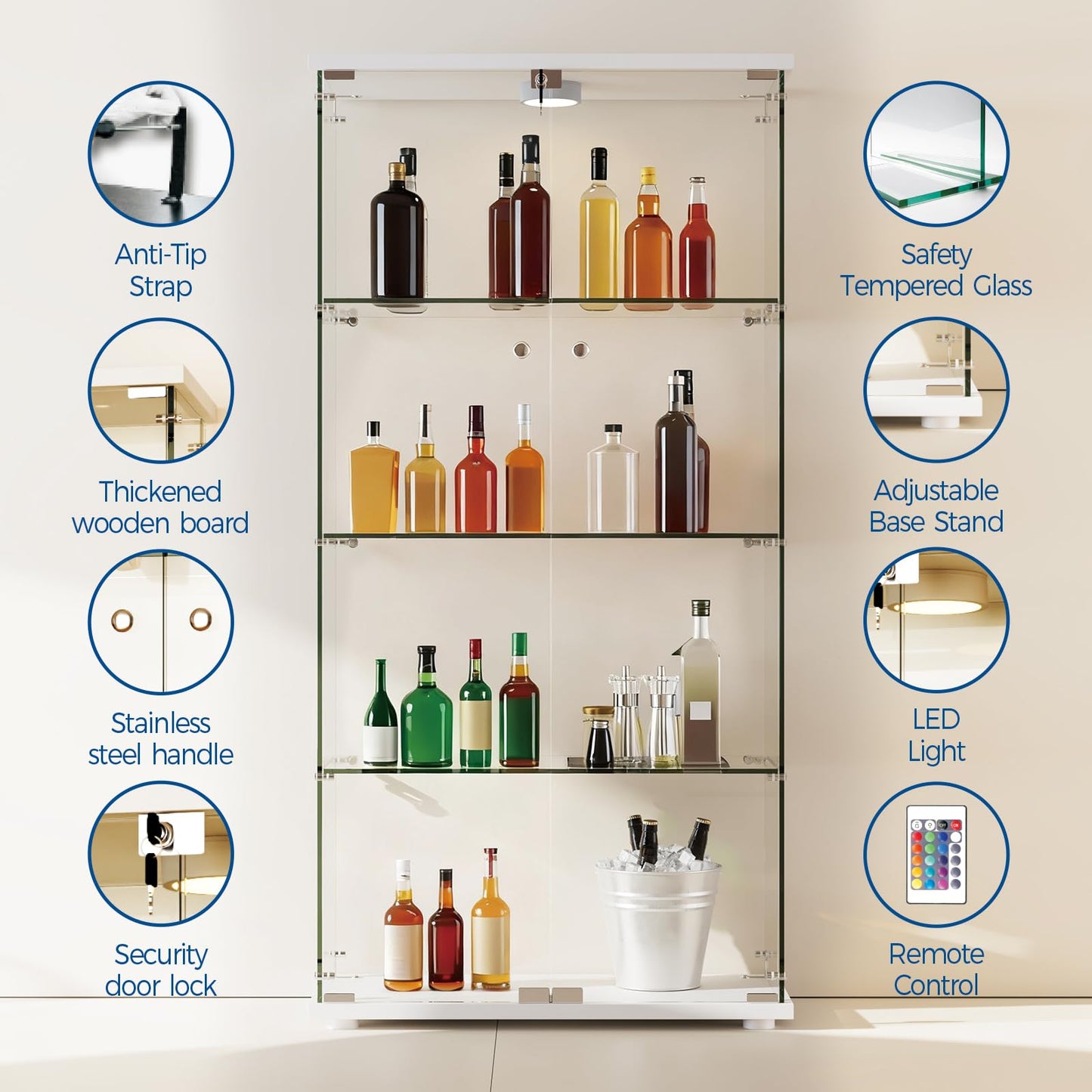 IDEALHOUSE Tempered Glass Display Cabinet with LED Light, 4 Shelves Lockable Curio Showcase, Double Doors Storage Cabinet for Living Room Bedroom Office, White (64x31.7x14.3 in)