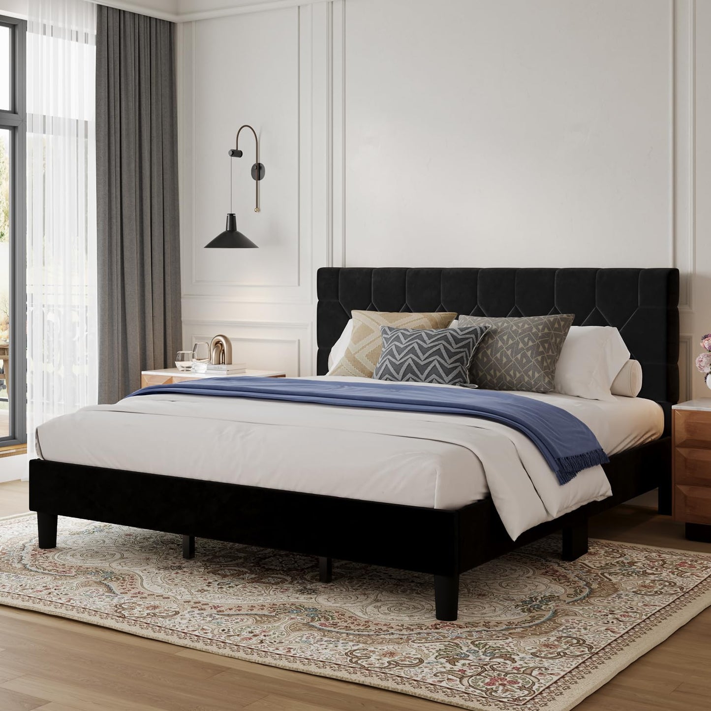 Avenco King Size Bed Frame, Upholstered Platform Bed Frame with 3-Height Adjustable Headboard, Easy Tool-Free Assembly & Under Bed Storage, Black Velvet
