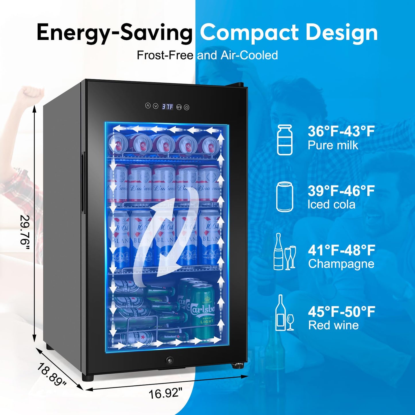 FoMup Beverage Refrigerator 17 inch Wide - 126 Can Beverage Cooler with Glass Door | Counter-Top/Freestanding Mini Beverage Beer Fridge | Temperature Memory | Invisible Door | Perfect for Soda, Beer