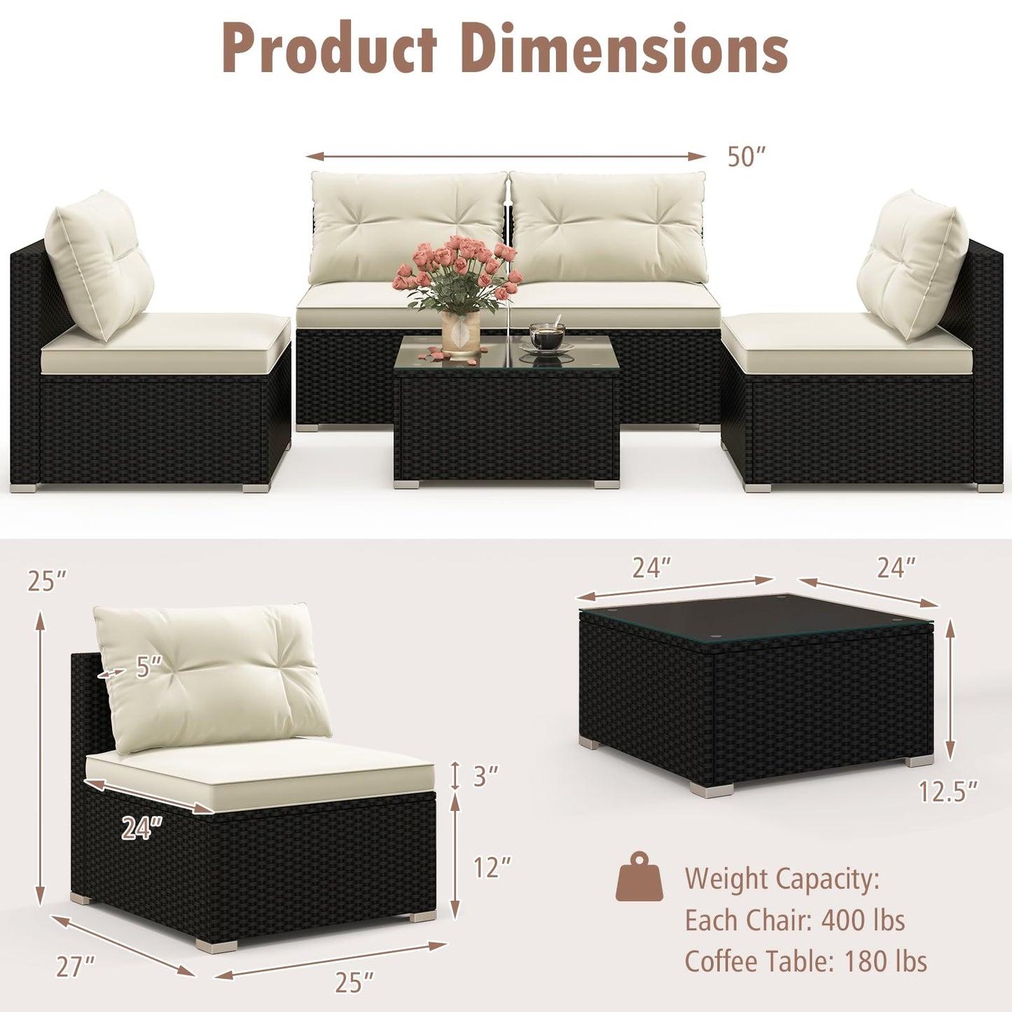 Tangkula 5 Piece Rattan Sofa Set, Patiojoy Outdoor Wicker Furniture Set with Seat & Back Cushions, Square Coffee Table, Patio Sectional Sofa Set for Backyard, Poolside, Garden