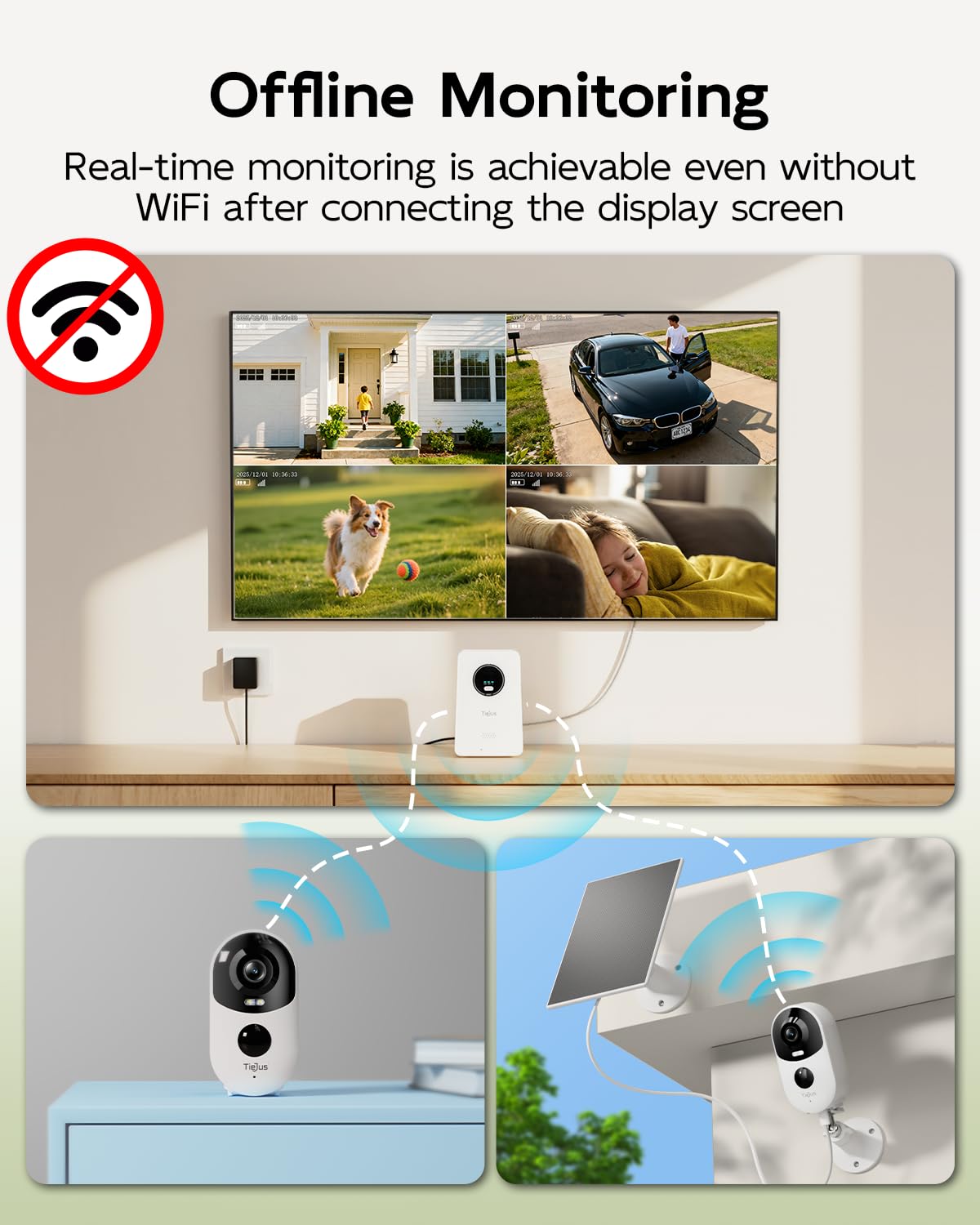 TIEJUS Solar Security Cameras Outdoor Wireless, 2K Home Security Camera System, Offline TV Viewing, No Subscription Needed, 4MP Color Night Vision, 32GB Local Storage, Easy Setup, 2.4/5GHz WiFi