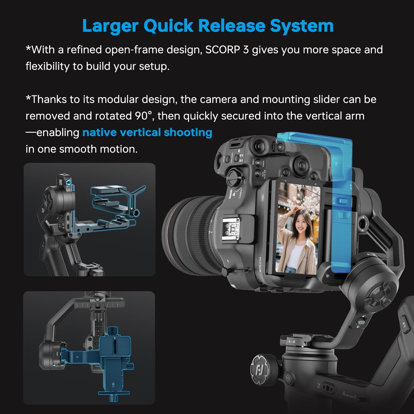 FeiyuTech SCORP 3 Professional Video Stabilizer with Detachable Handle, AI Tracking, 1.3" Touchscreen, Gimbal Stabilizer for Cameras Canon/Sony/Nikon/Fujifilm, Native Vertical Shooting, Max 7.72lbs