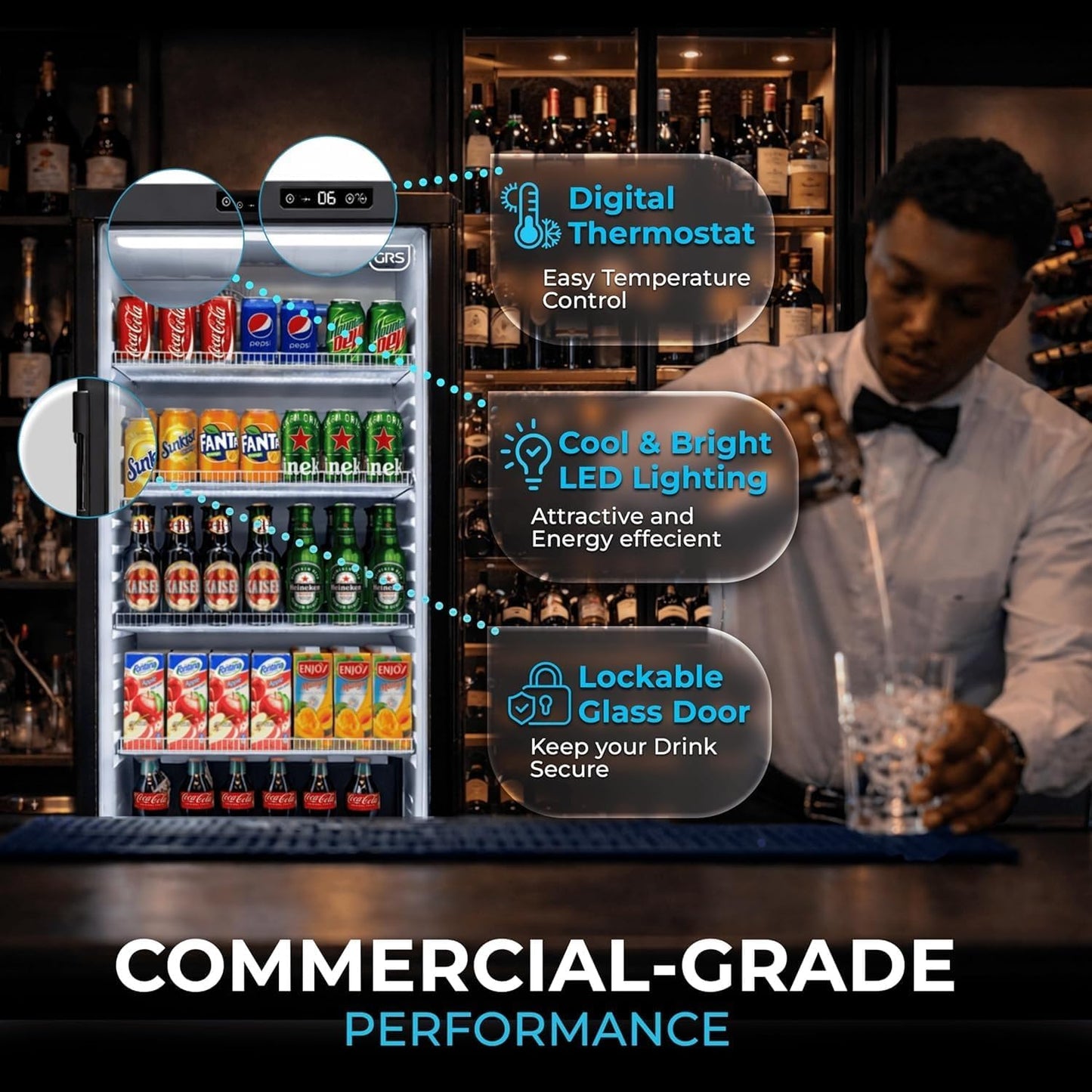 GRS Commercial Display Refrigerator with Glass Door Lock | Cool Air Flow & Temperature | Beverage fridge, Drink and Wine Cooler with Adjustable Display Shelf for Stores and Bars | Black, 6.0 Cu. Ft
